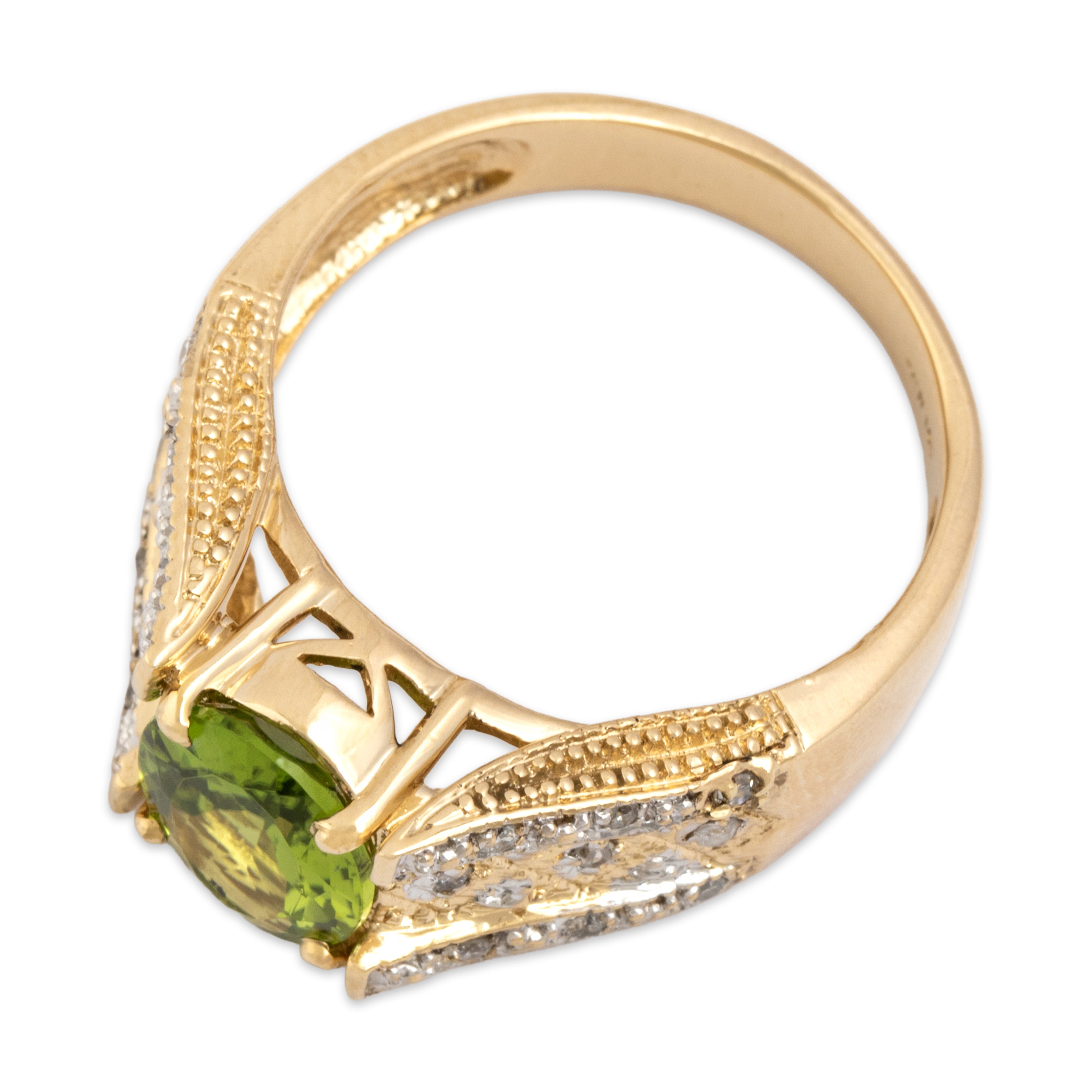 Vintage 14k Yellow Gold 2.15ct Peridot Diamond Fantastic Geometric Milgrain Ring - Overall view