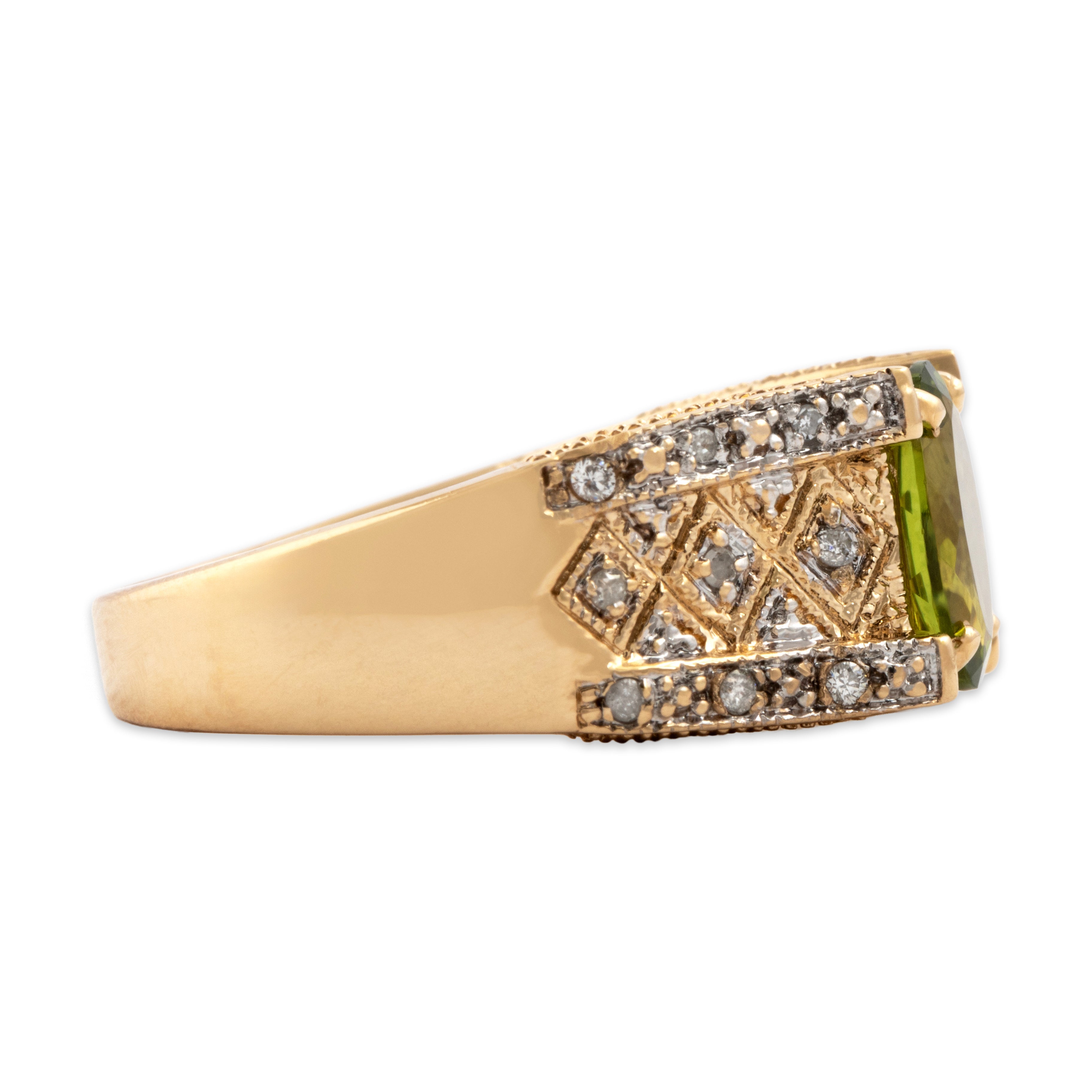Vintage 14k Yellow Gold 2.15ct Peridot Diamond Fantastic Geometric Milgrain Ring - Side view