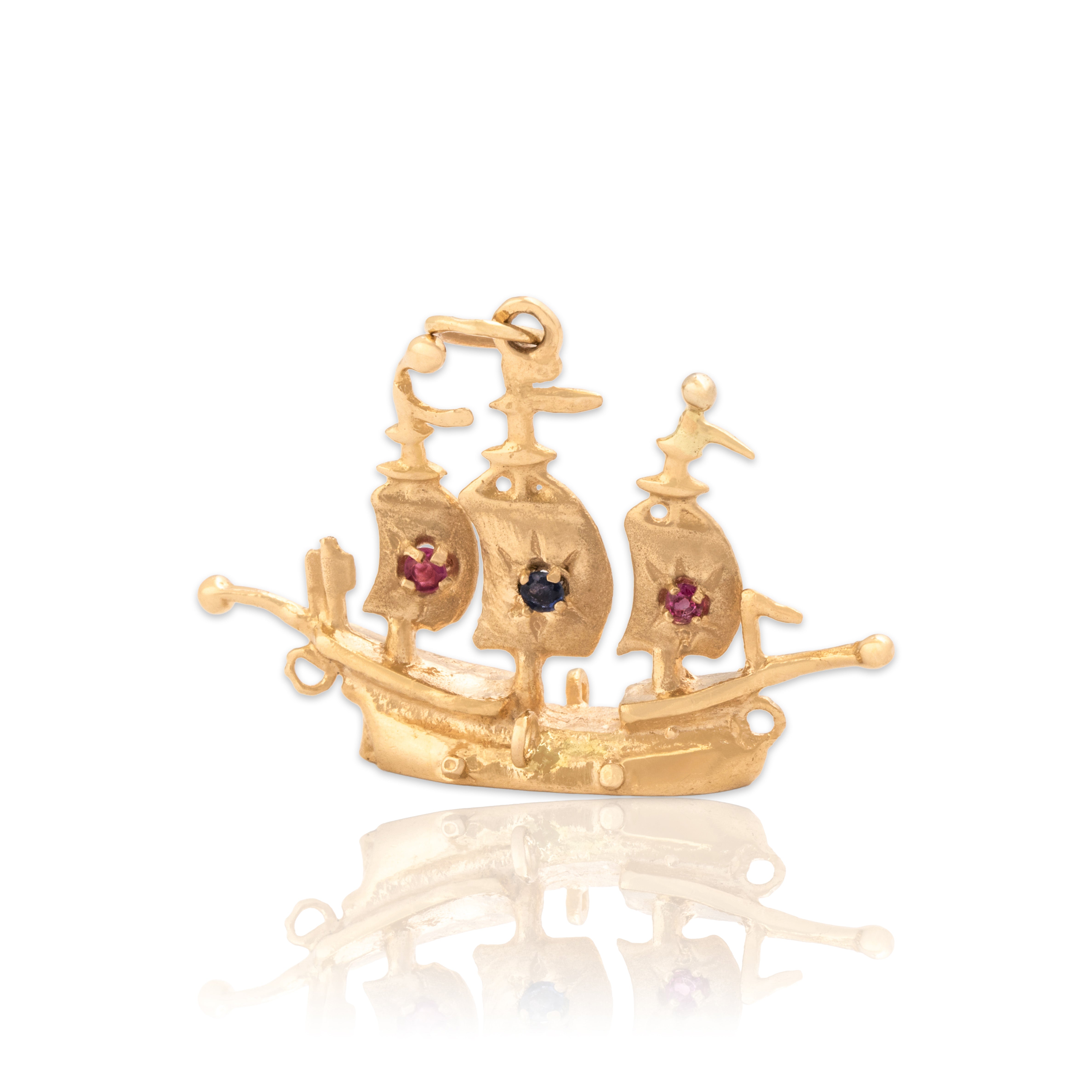 Vintage 10k Yellow Gold Ruby Blue Sapphire Sailing Pirate Ship Pendant