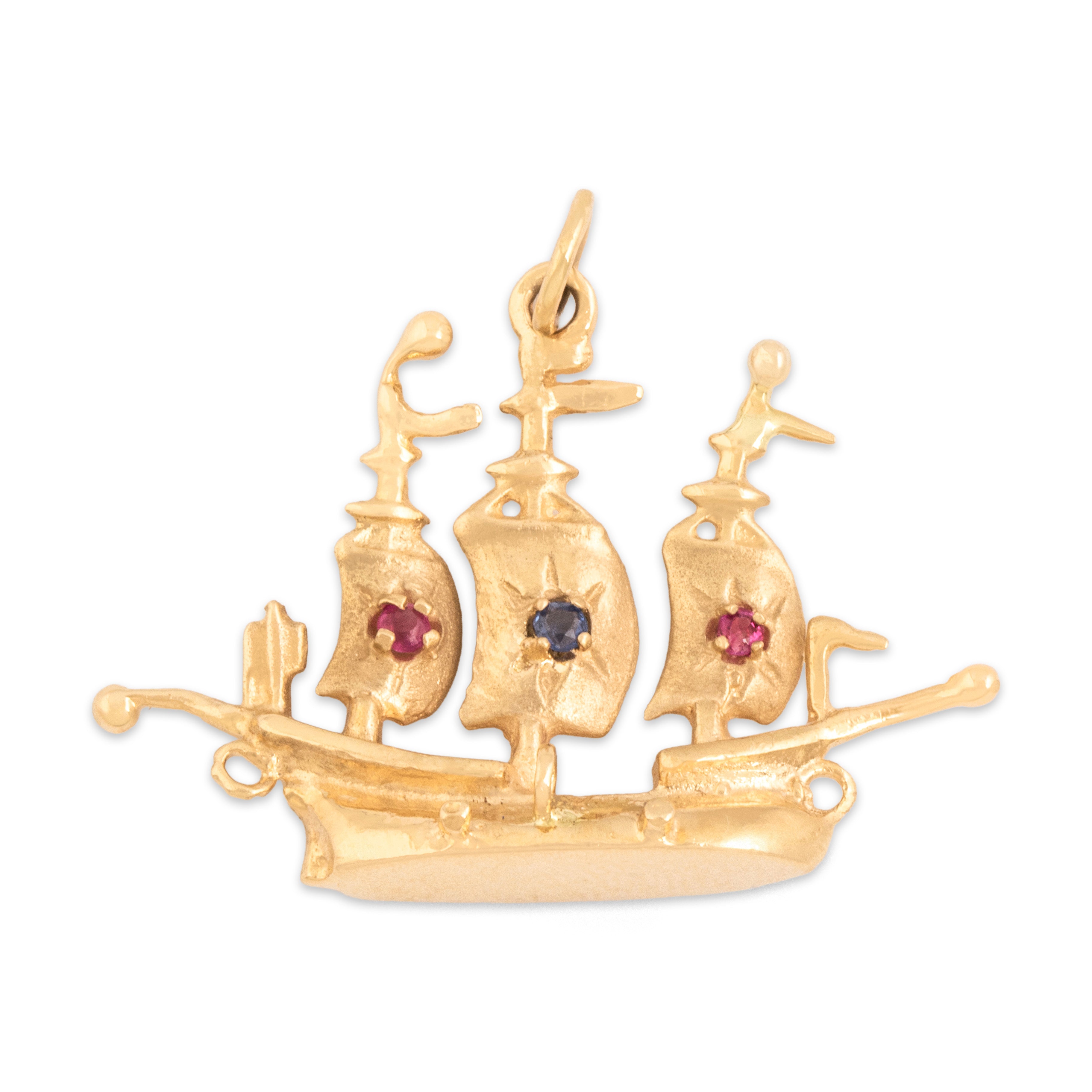 Vintage 10k Yellow Gold Ruby Blue Sapphire Sailing Pirate Ship Pendant