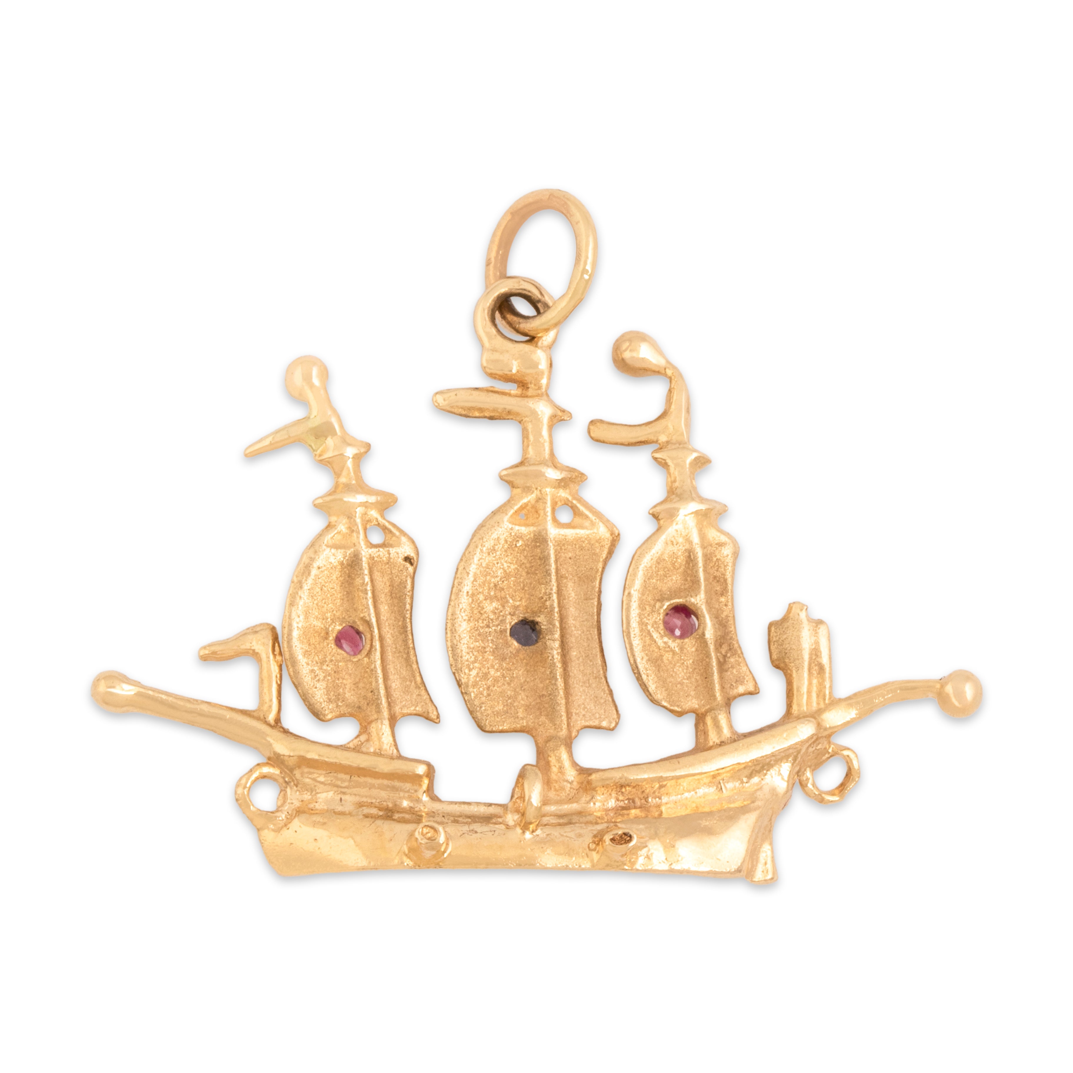 Vintage 10k Yellow Gold Ruby Blue Sapphire Sailing Pirate Ship Pendant - Back view