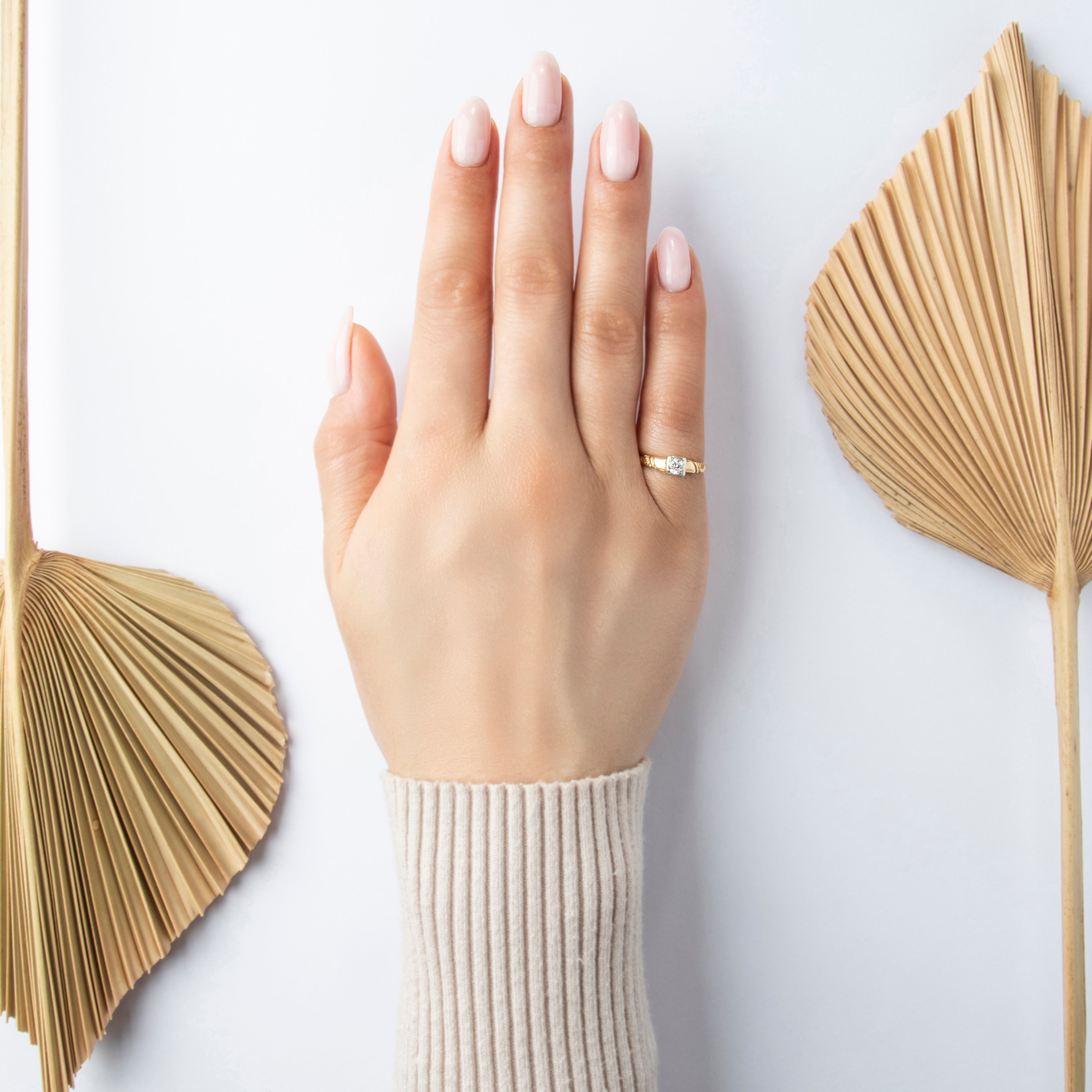 Vintage 14k Yellow Gold Old European Cut Diamond Square-Set Solitaire Ring - On model view