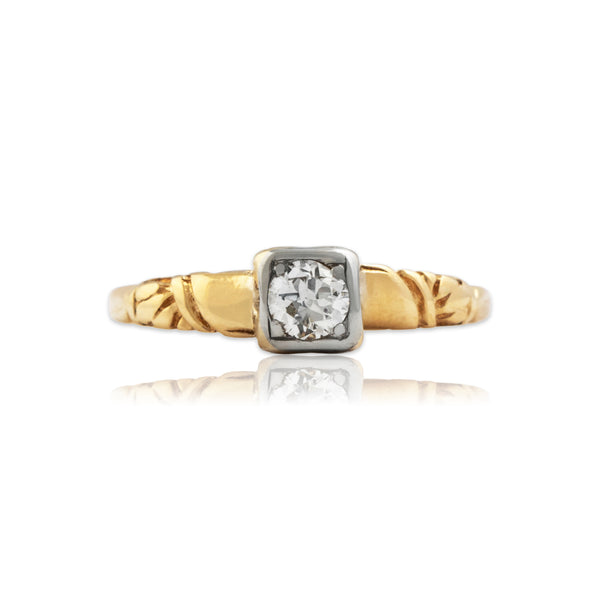 Vintage 14k Yellow Gold .21ct Old European Cut Diamond Square-Set Solitaire Ring 5.75