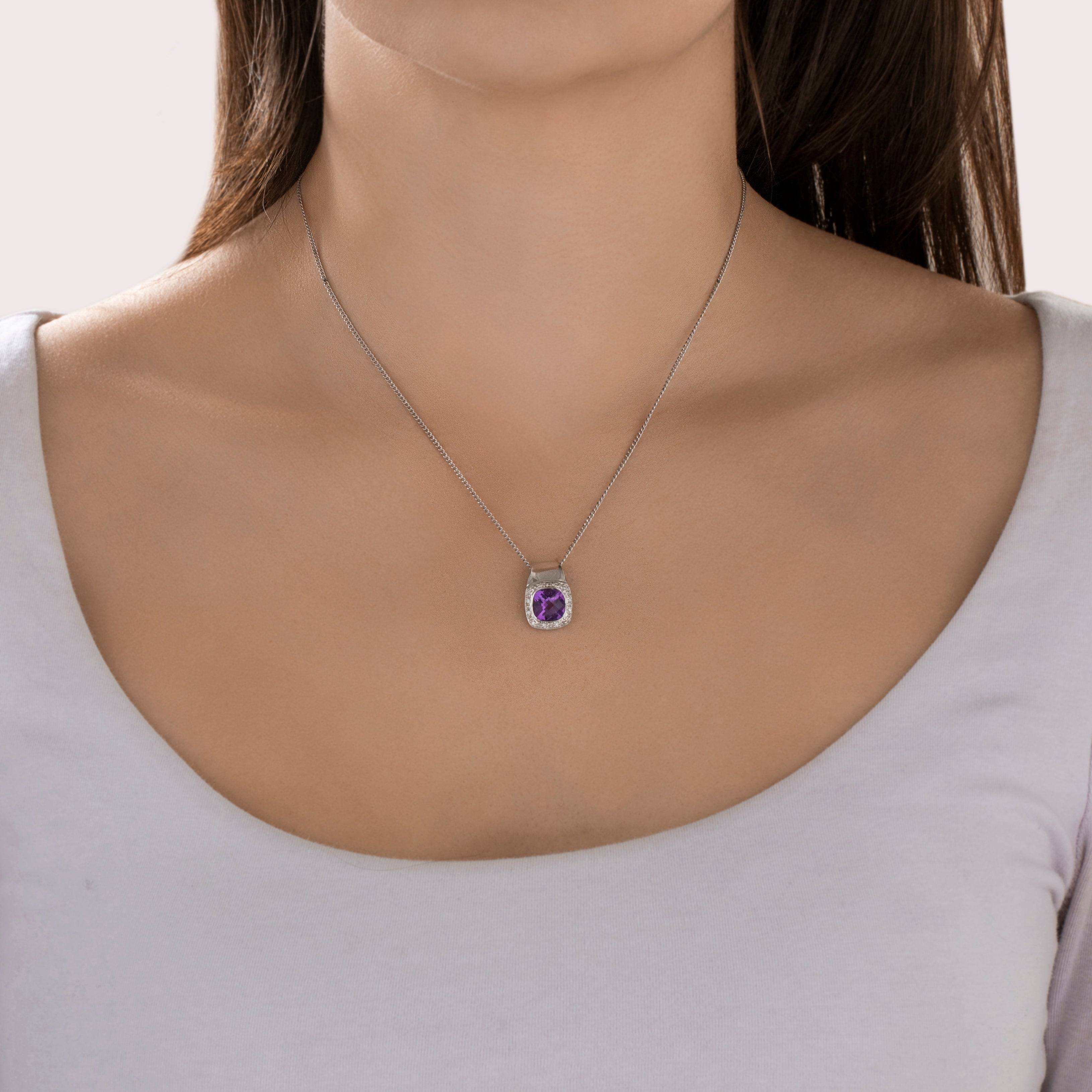 Vintage 14k White Gold 2.33ct Amethyst Diamond Halo Checkerboard Cushion Slide Pendant - On model view