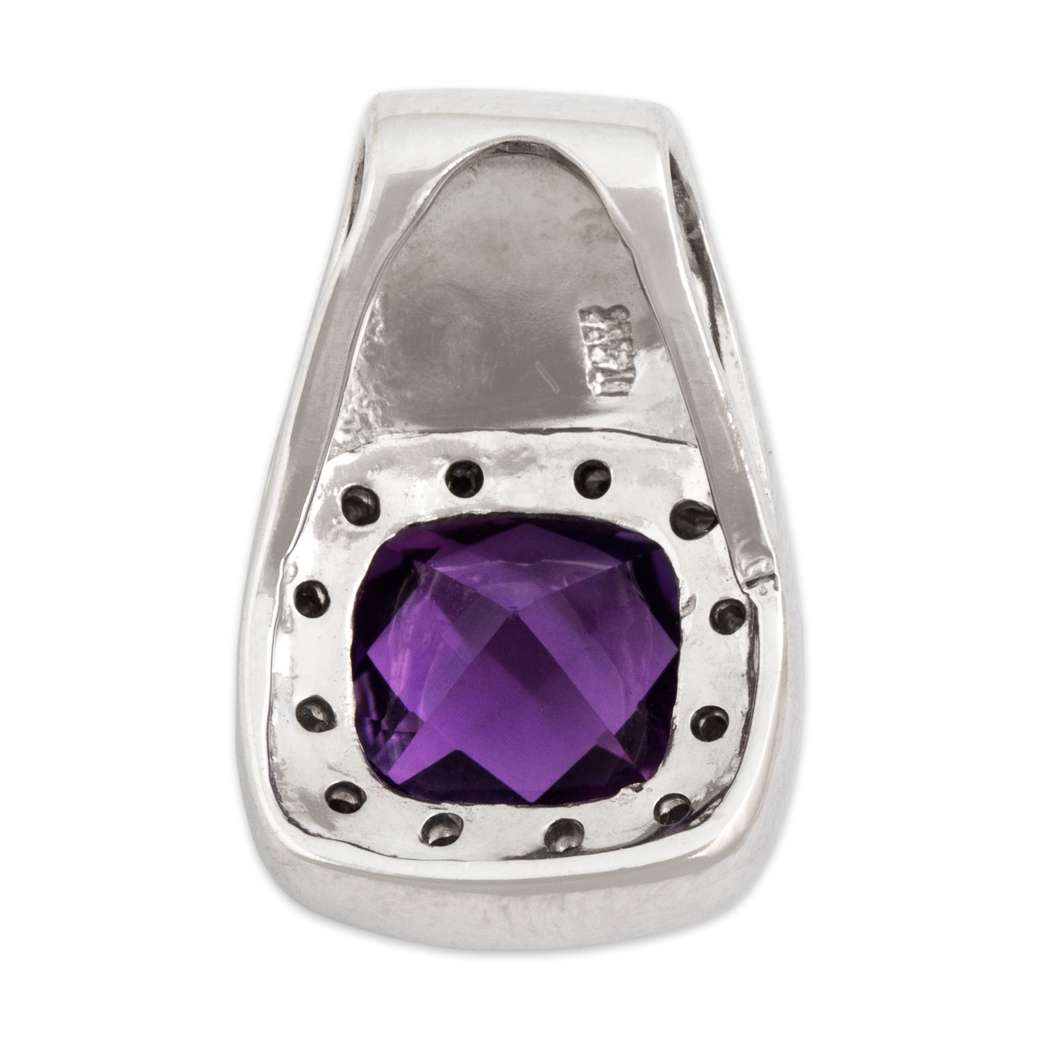Vintage 14k White Gold 2.33ct Amethyst Diamond Halo Checkerboard Cushion Slide Pendant - Back view