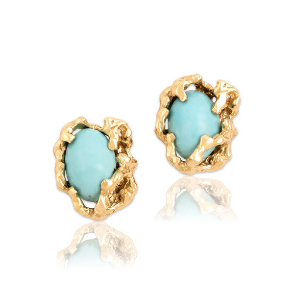 Vintage 14k Yellow Gold 1.62cttw Robin's Egg Blue Turquoise Brutalist Earrings