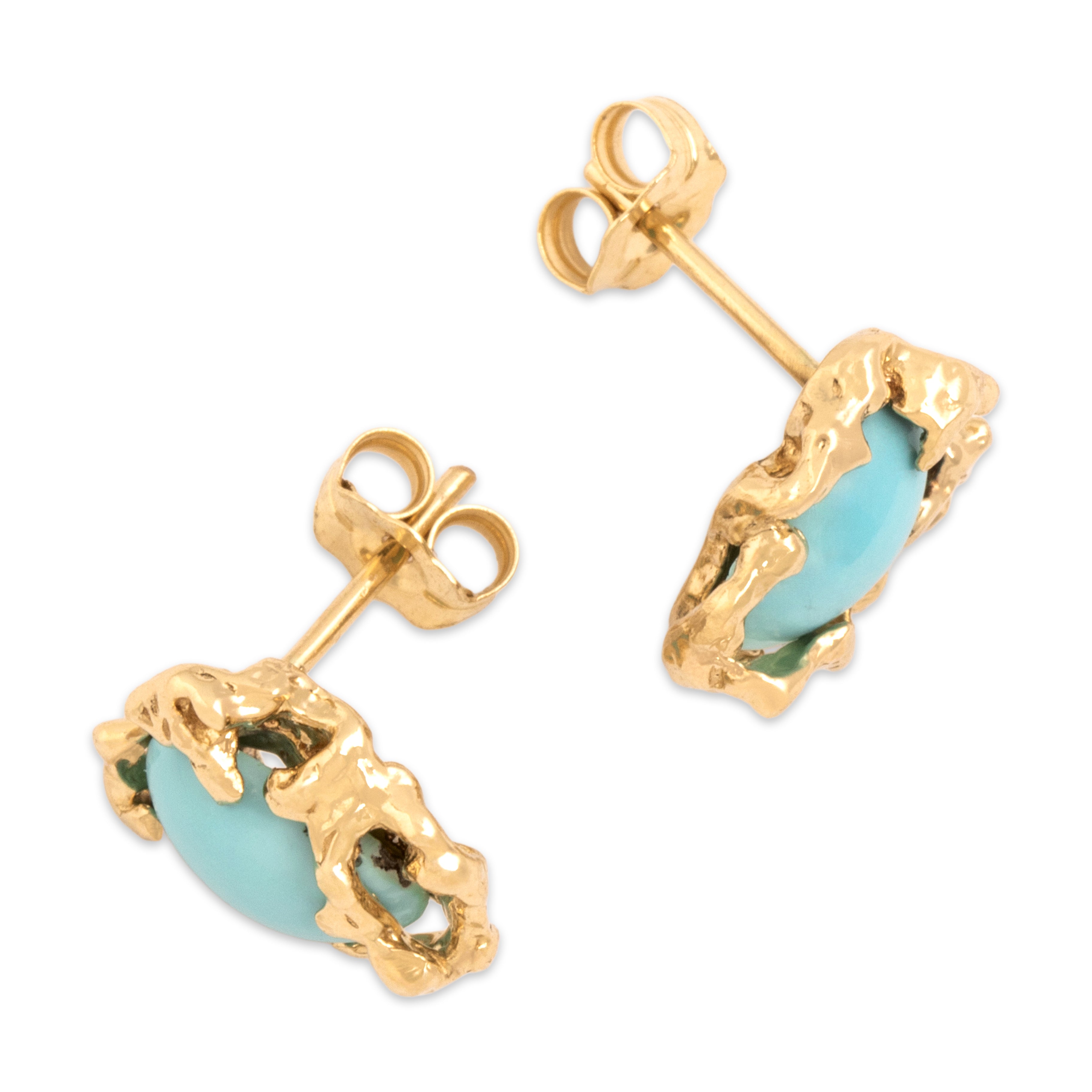 Vintage 14k Yellow Gold 1.62cttw Robin's Egg Blue Turquoise Brutalist Earrings
