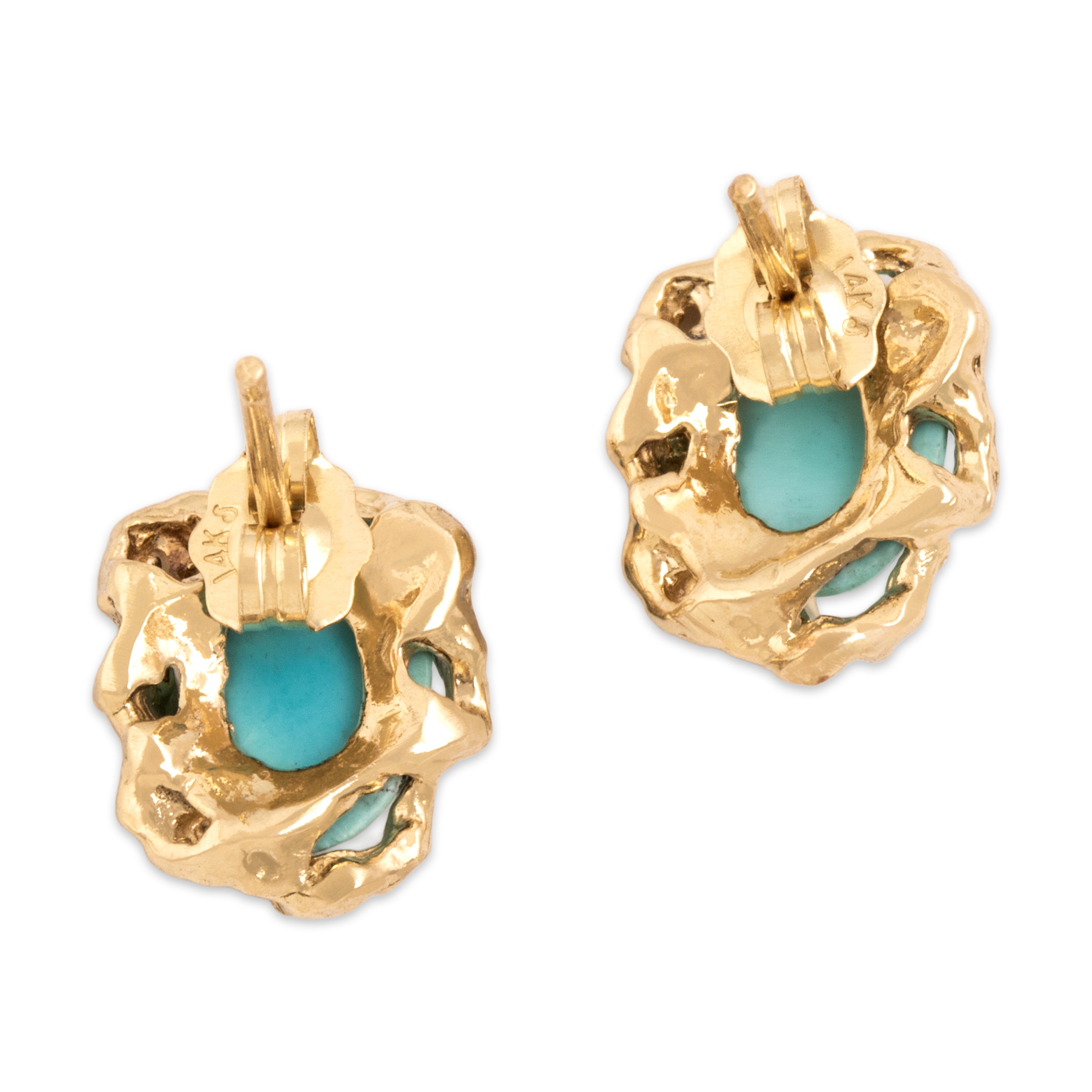 Vintage 14k Yellow Gold 1.62cttw Robin's Egg Blue Turquoise Brutalist Caged Stud Earrings - Back view
