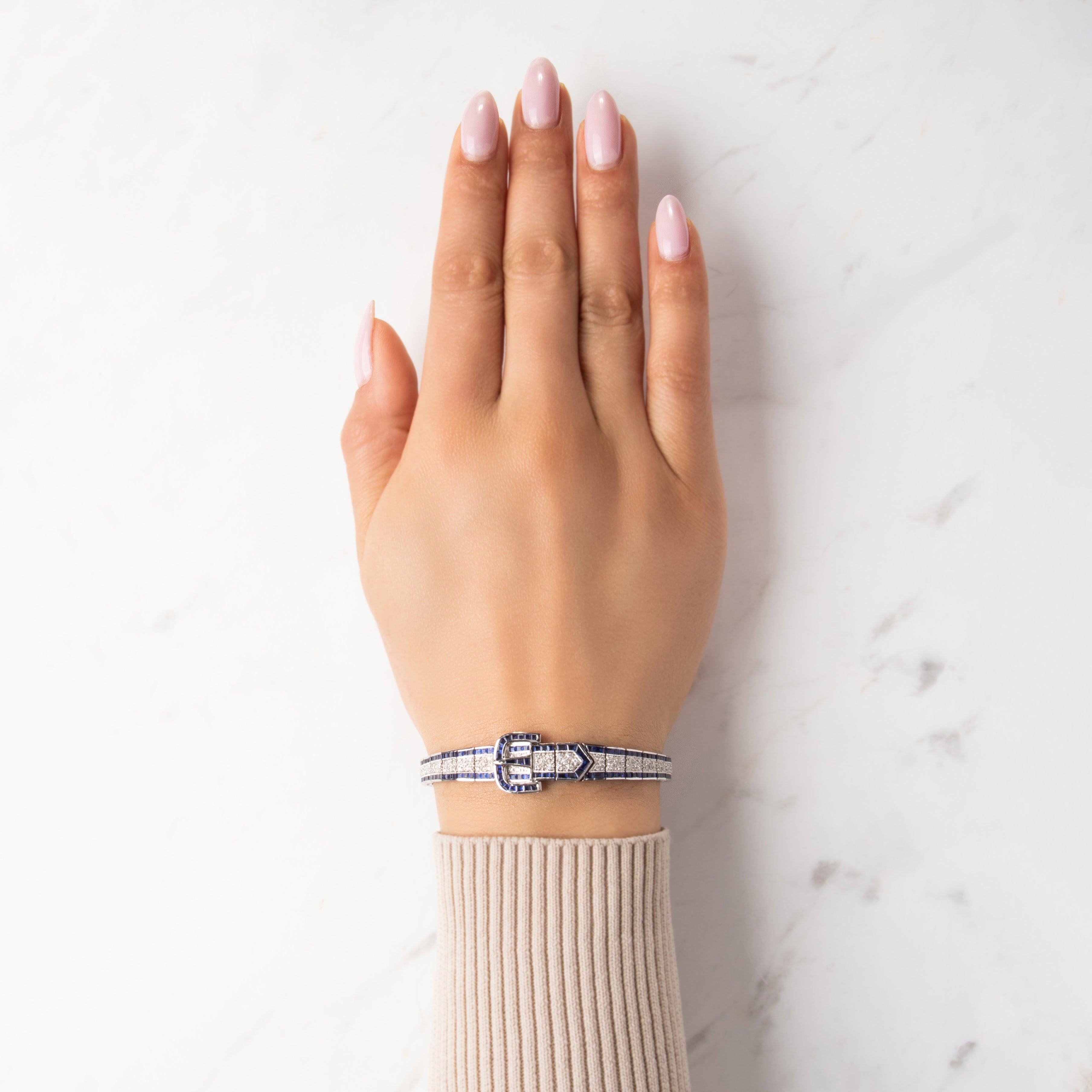 Vintage Portuguese 18k White Gold 5.21cttw Sapphire Diamond Buckle Bracelet - On model view
