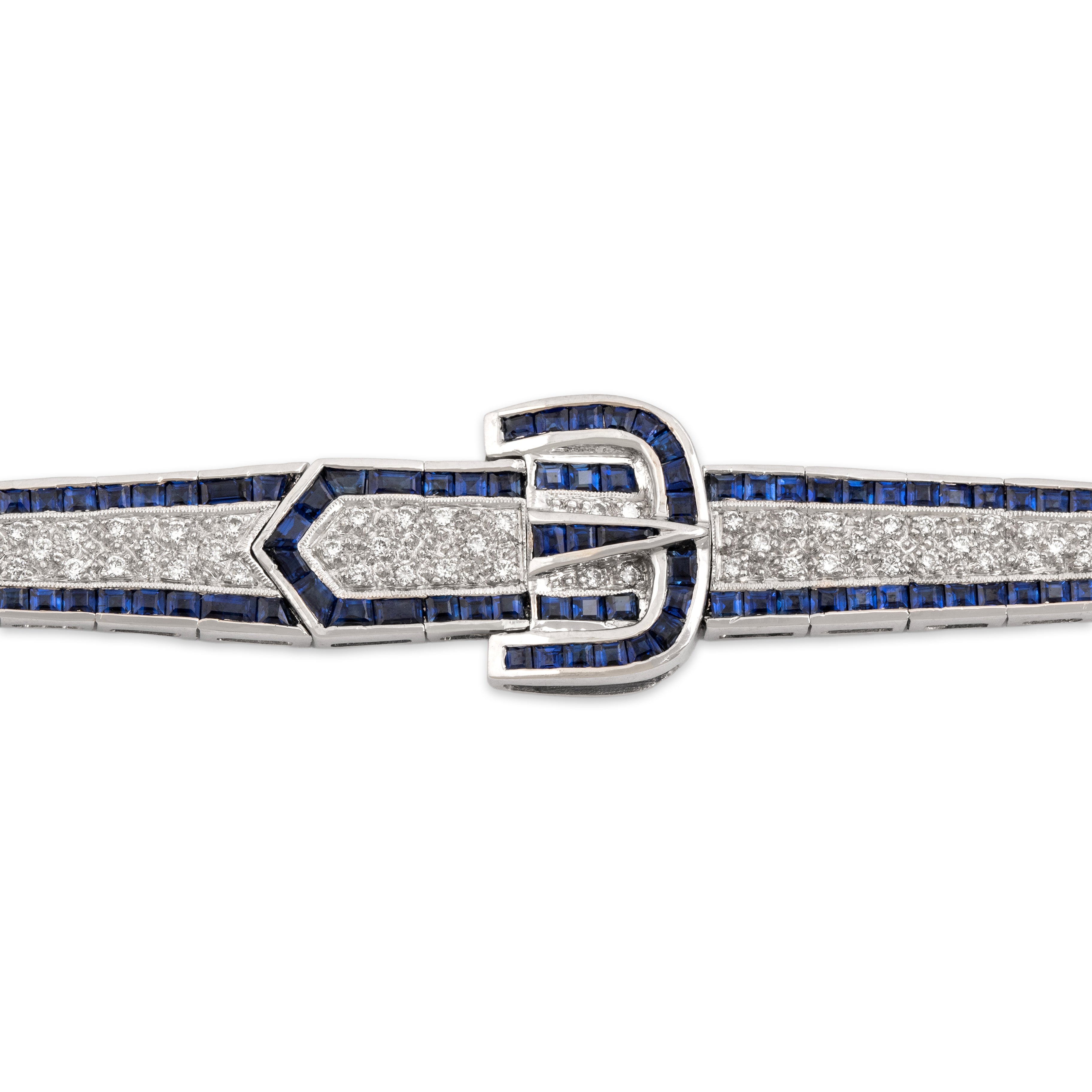 Vintage Portuguese 18k White Gold 5.21cttw Sapphire Diamond Buckle Bracelet - Close-up view