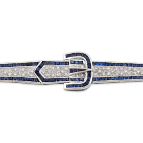 Vintage Portuguese 18k White Gold 5.21cttw Sapphire Diamond Buckle Bracelet 6.75"