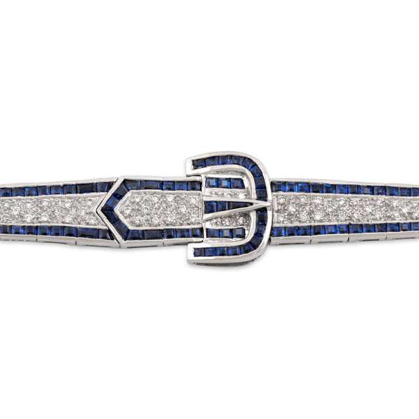 Vintage Portuguese 18k White Gold 5.21cttw Sapphire Diamond Buckle Bracelet 6.75