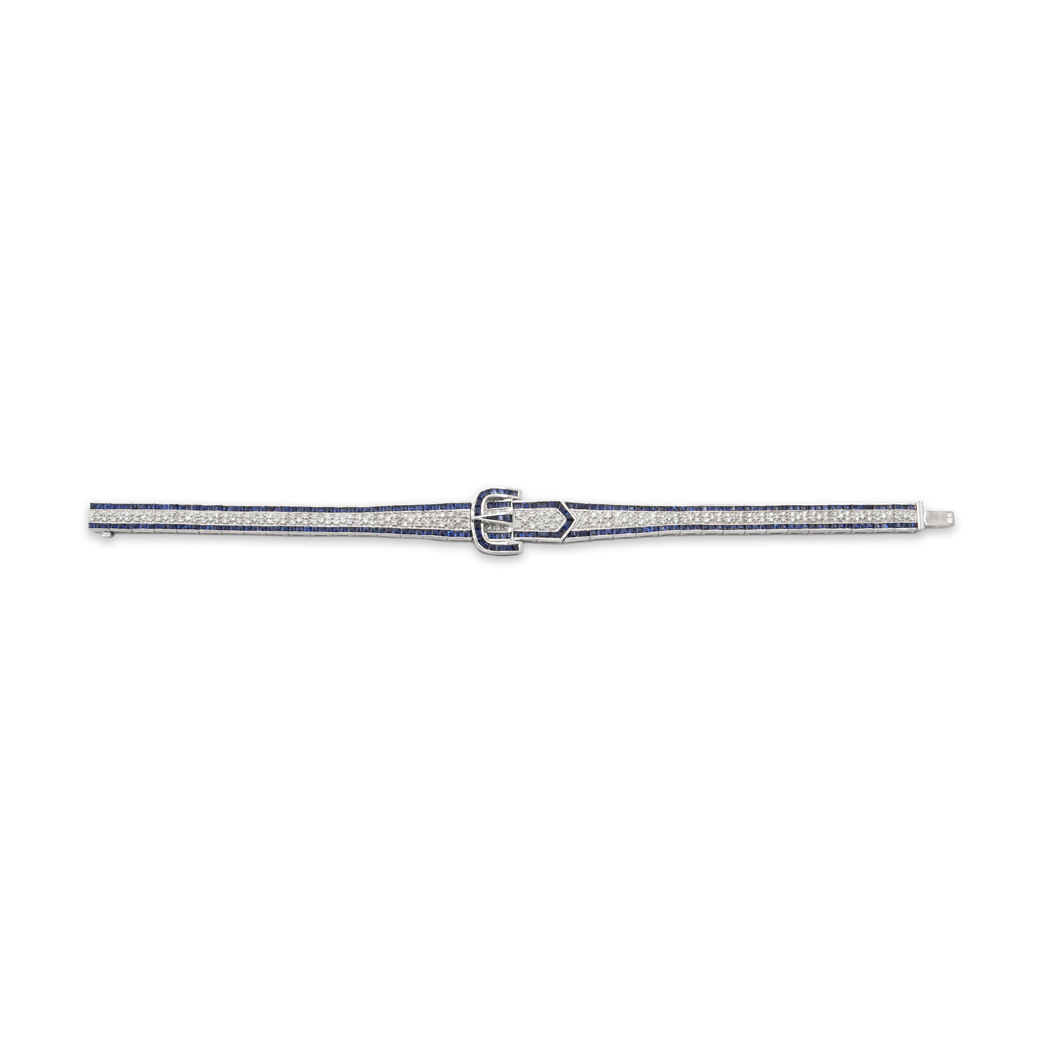 Vintage Portuguese 18k White Gold 5.21cttw Sapphire Diamond Buckle Bracelet - Overall view