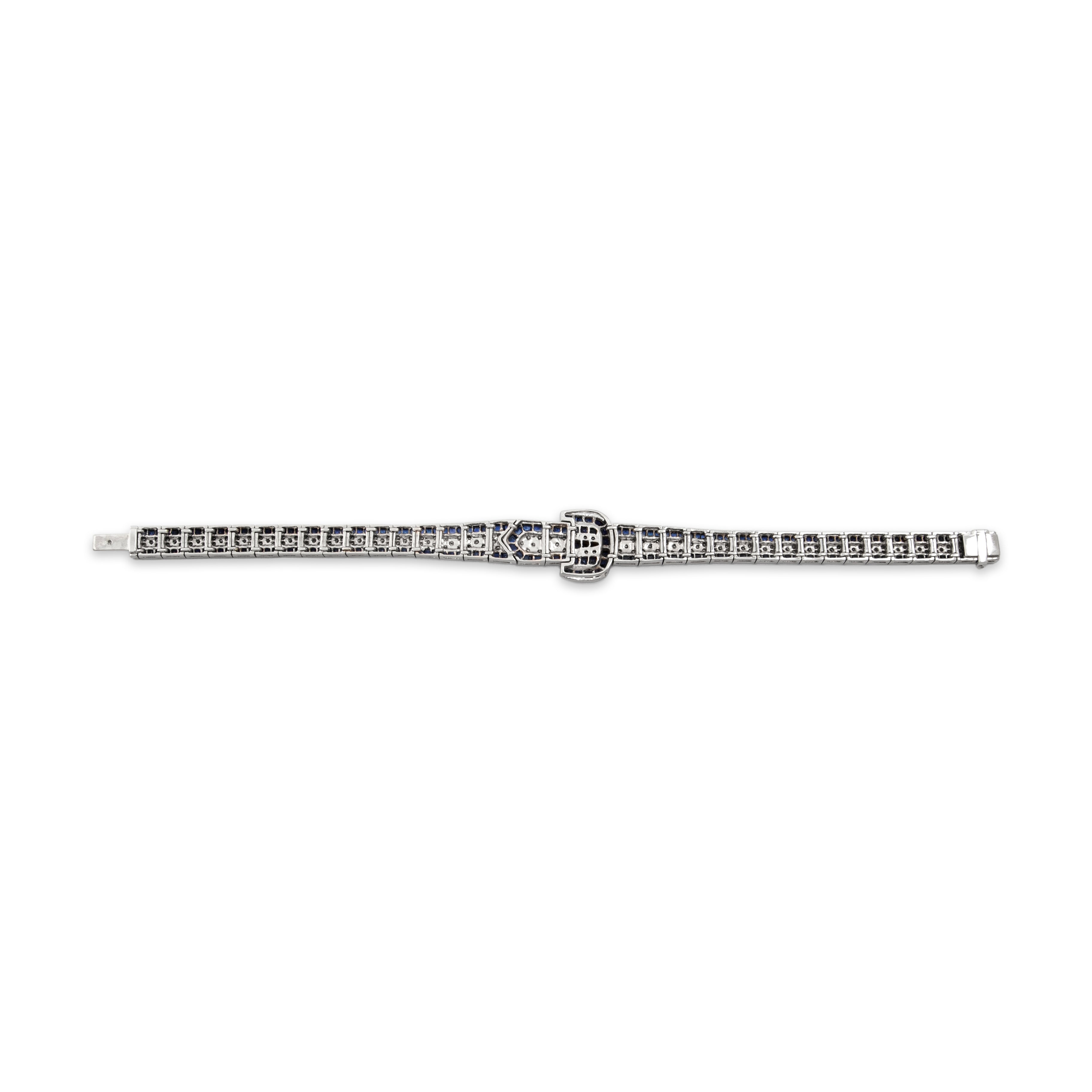 Vintage Portuguese 18k White Gold 5.21cttw Sapphire Diamond Buckle Bracelet - Back view