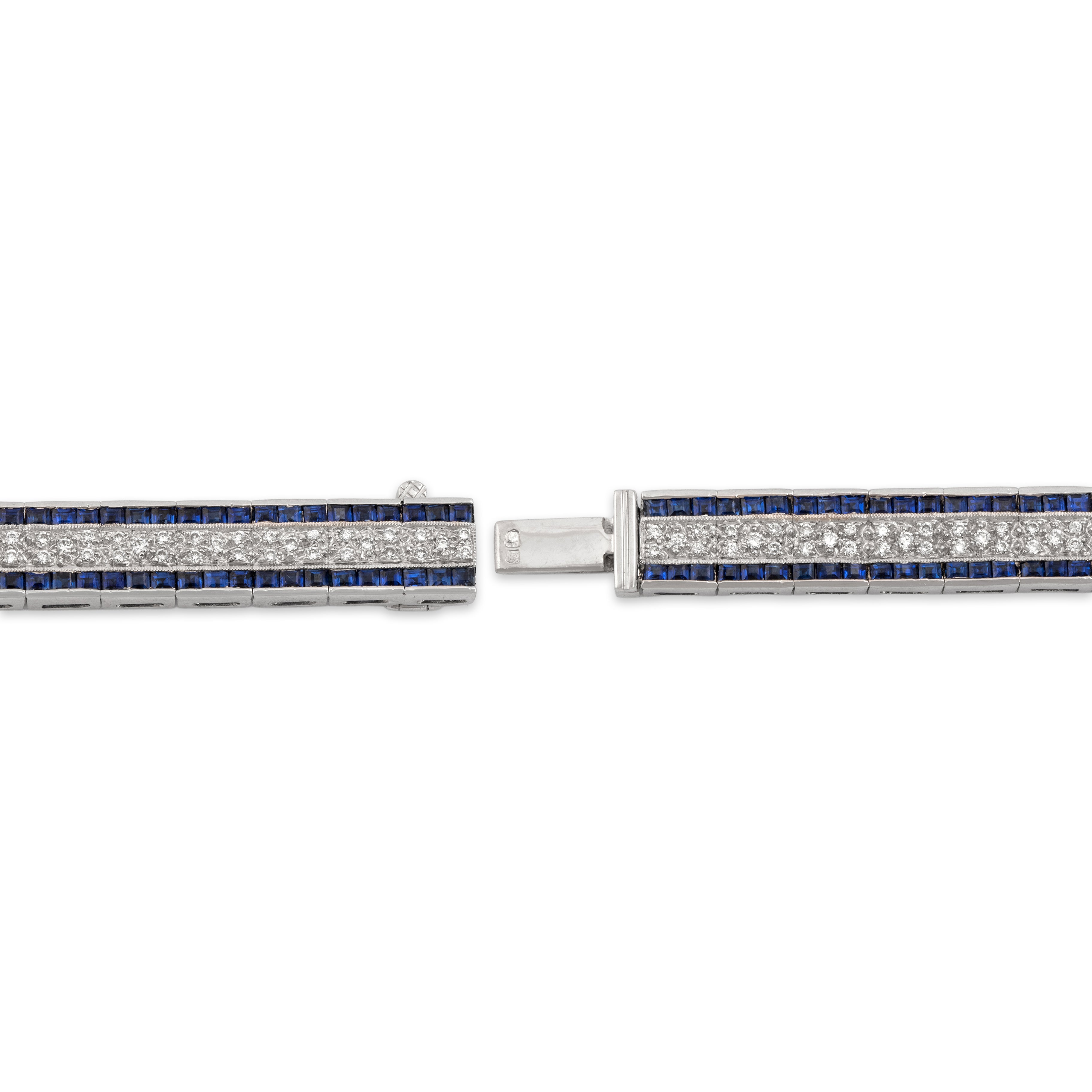 Vintage Portuguese 18k White Gold 5.21cttw Sapphire Diamond Buckle Bracelet - clasp view