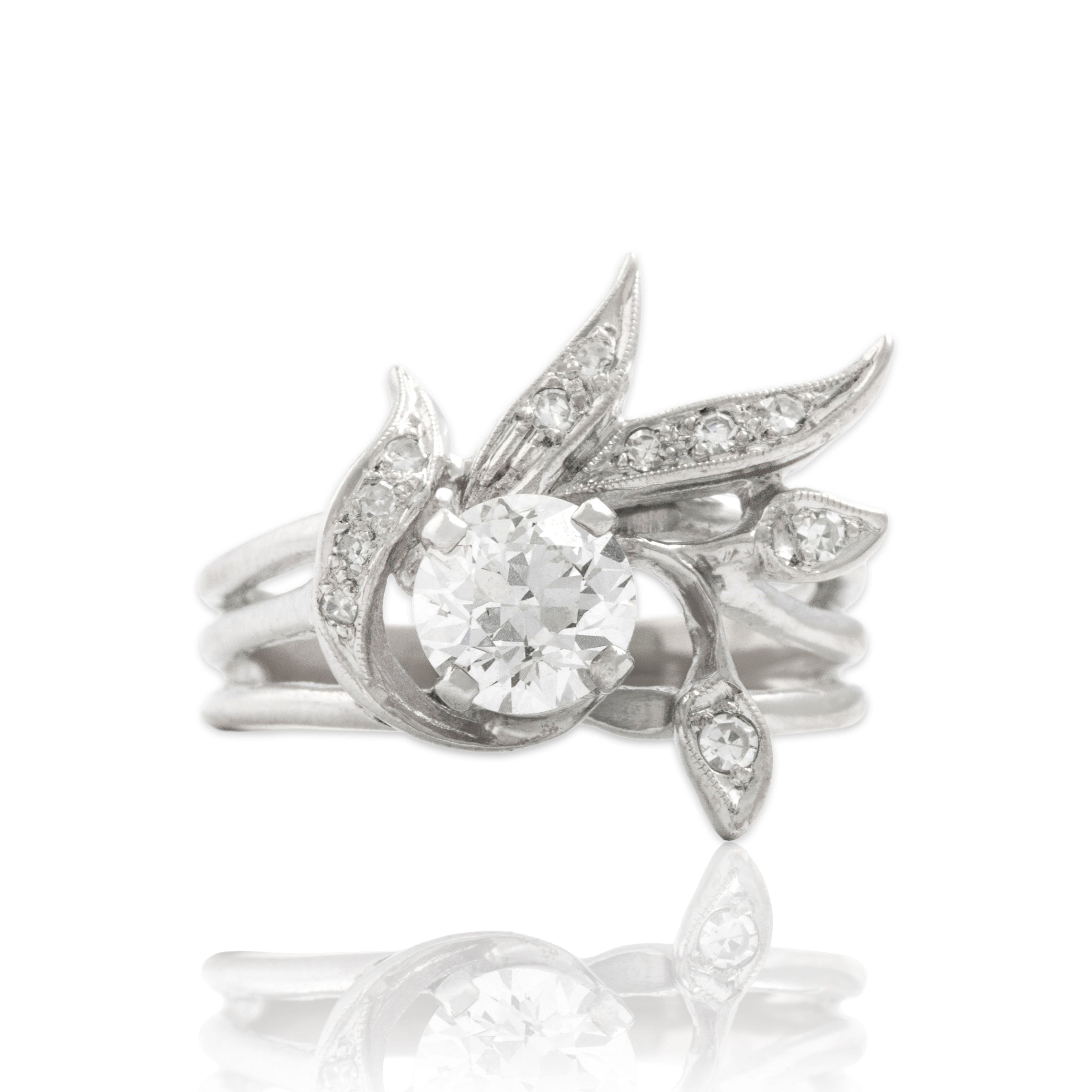 Vintage 14k White Gold 1.0cttw Old European Cut Diamond Dazzling Flourish Ring 5.25