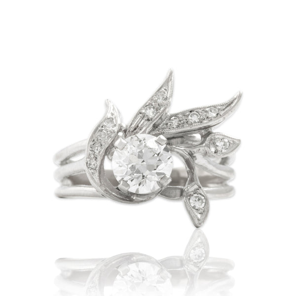 Vintage 14k White Gold 1.0cttw Old European Cut Diamond Dazzling Flourish Ring 5.25