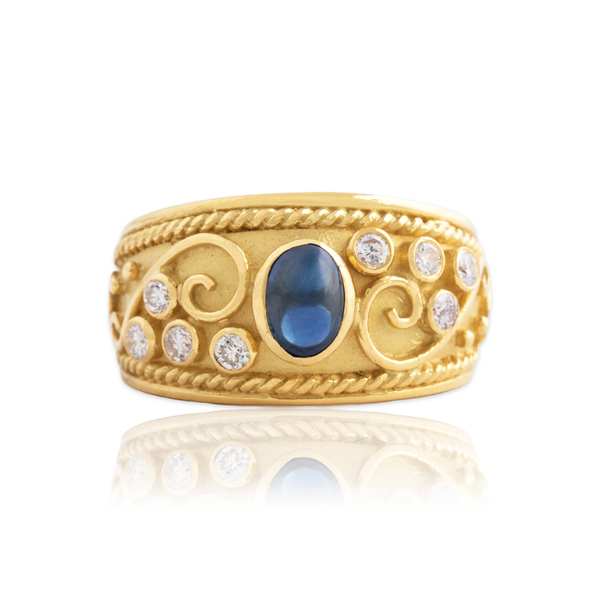 Vintage 18k Yellow Gold 1.33ct Blue Sapphire Diamond Stunning Swirl Wide Ring 8.00