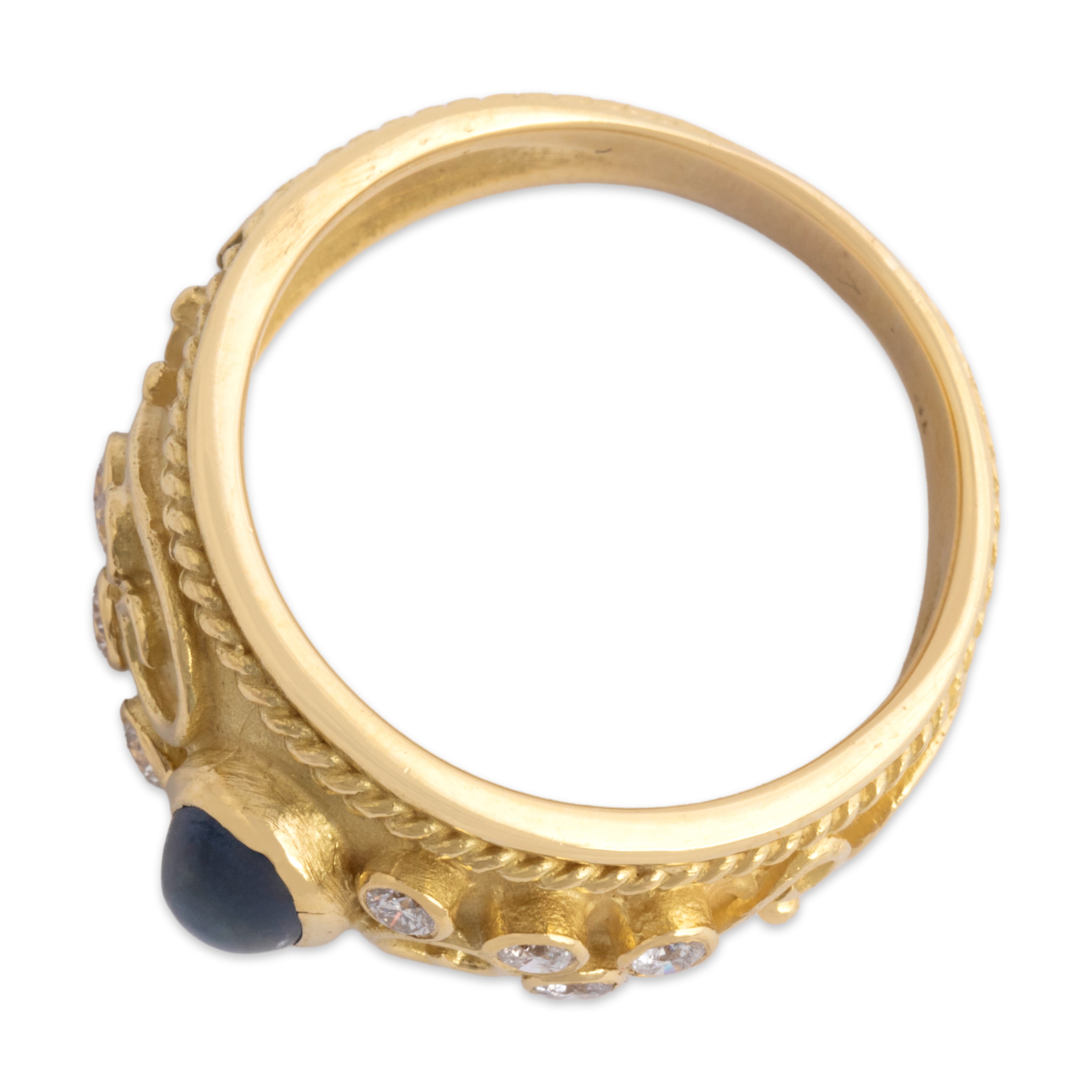 Vintage 18k Yellow Gold 1.33ct Blue Sapphire Diamond Stunning Wide Intricate Band Ring - Overall view