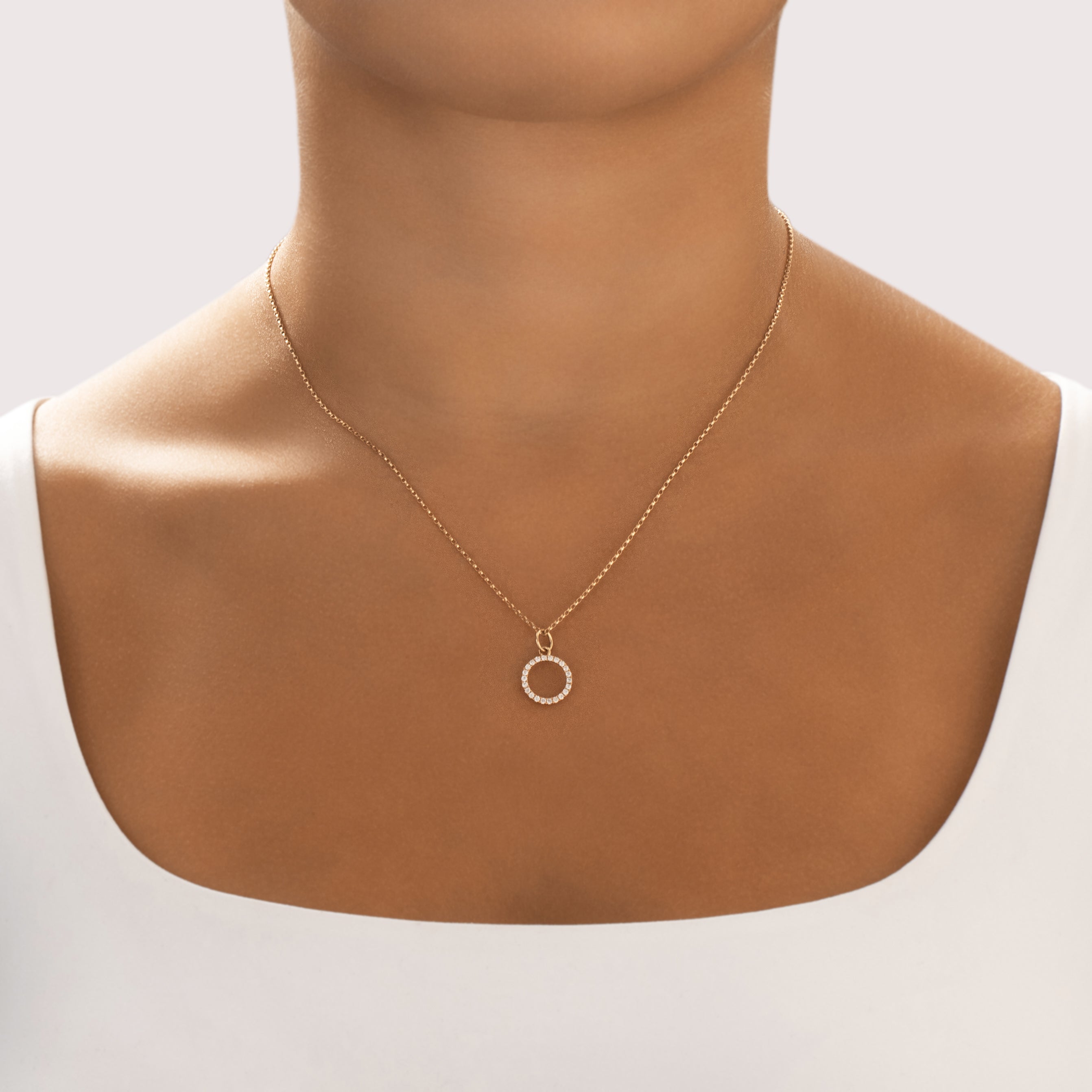Vintage 18k Rose & Yellow Gold Diamond Glittering Open Circle Charm / Pendant - On model view
