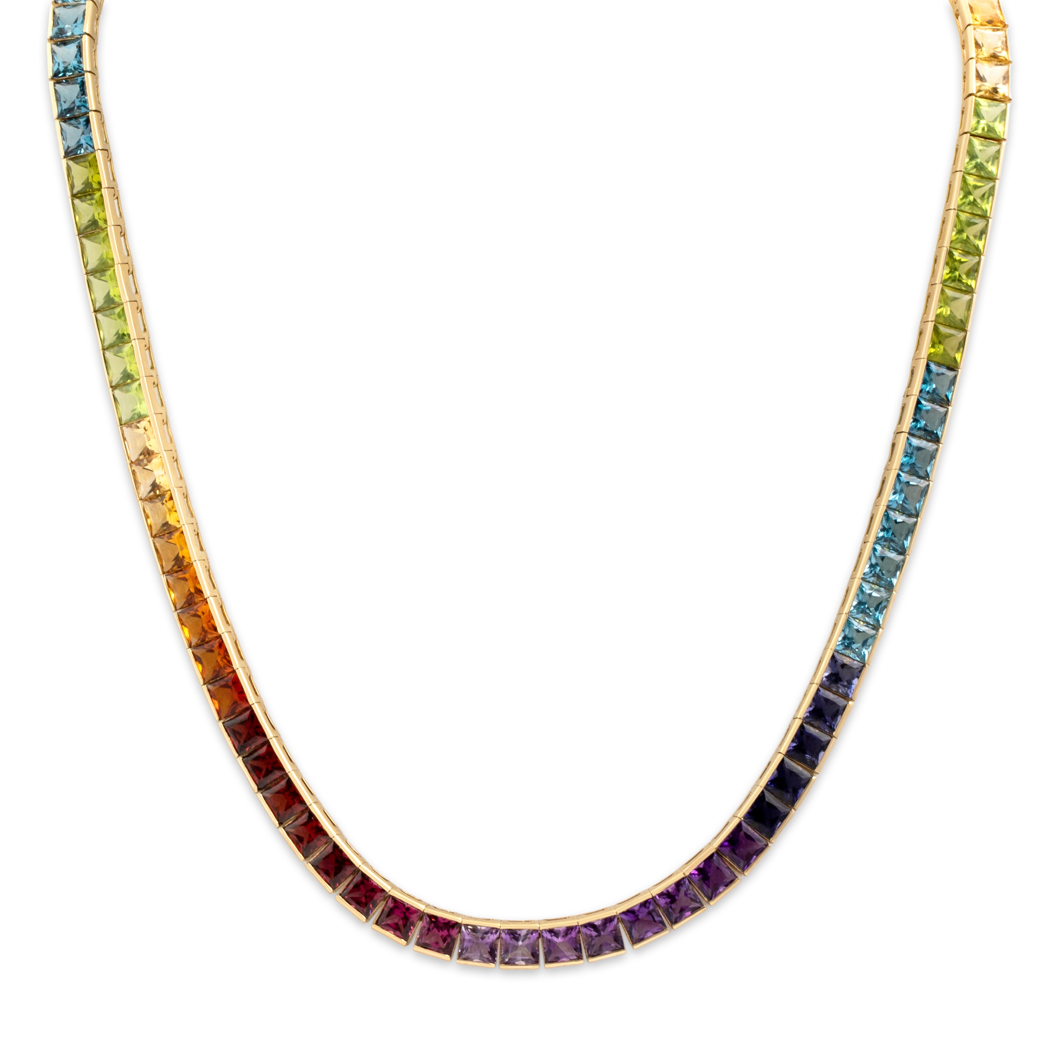 Heavy Vintage 18k Yellow Gold 12.56cttw Garnet 11.76cttw Blue Topaz 9.38cttw Peridot 8.78cttw Citrine 8.78cttw Amethyst 5.4cttw Iolite Statement Rainbow Multistone Necklace - Close-up view