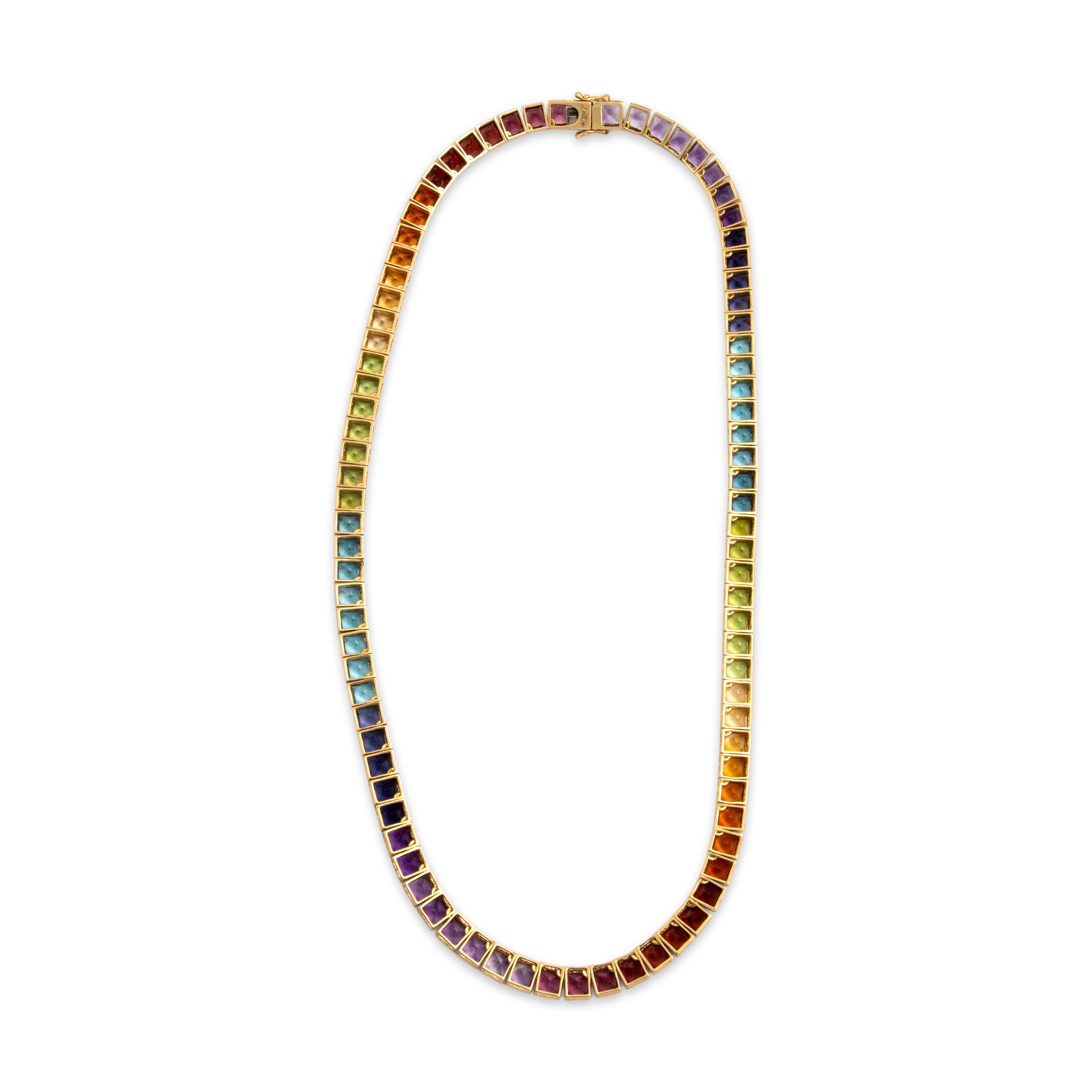 Heavy Vintage 18k Yellow Gold 12.56cttw Garnet 11.76cttw Blue Topaz 9.38cttw Peridot 8.78cttw Citrine 8.78cttw Amethyst 5.4cttw Iolite Statement Rainbow Multistone Necklace - Back view