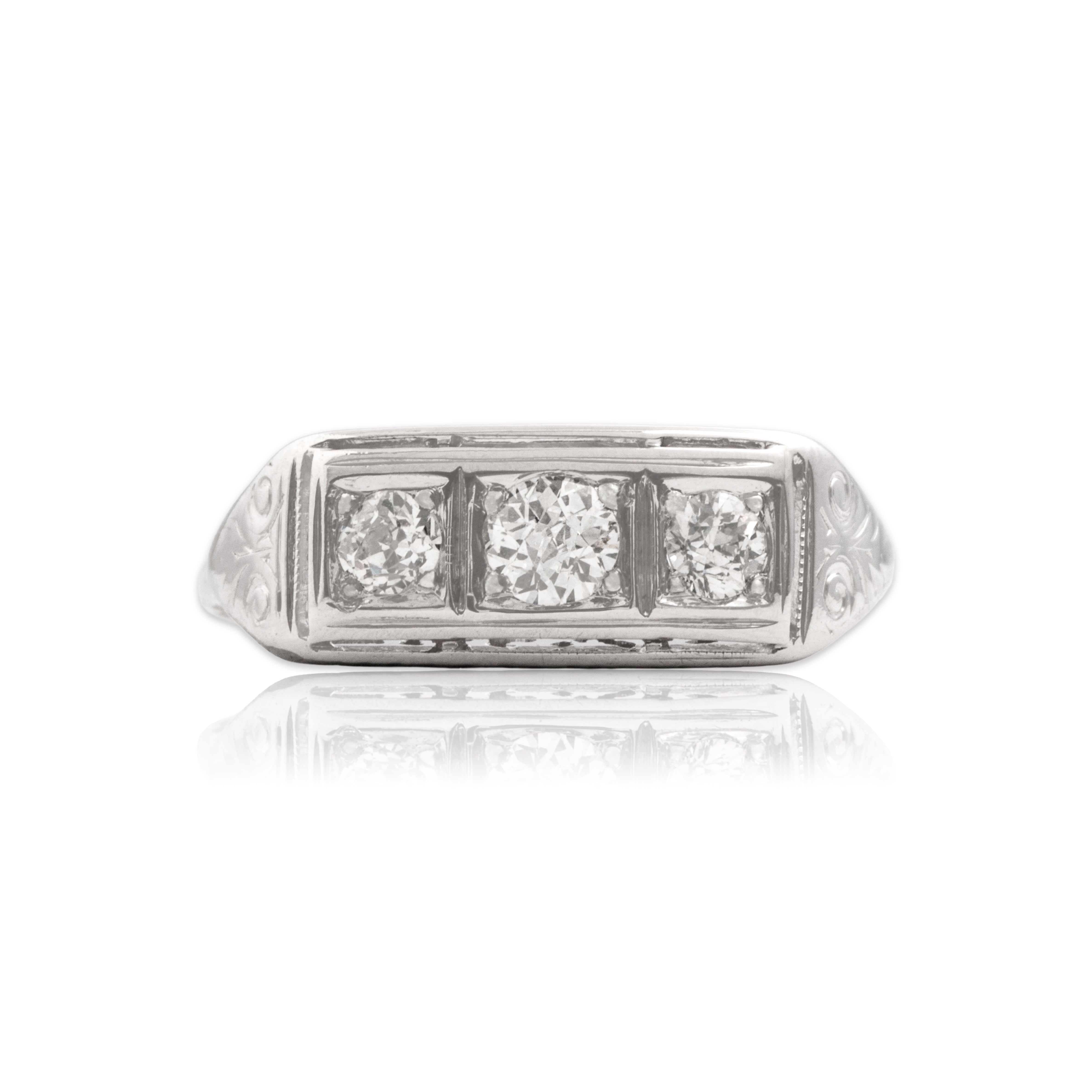 Antique Art Deco 14k White Gold Old European Old Mine Cut Diamond Beautiful Open Swirling Bar Trio Ring - Close-up view