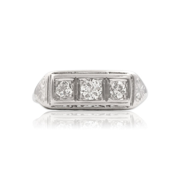 Antique Art Deco 14k White Gold Old European Old Mine Cut Diamond Bar Ring 6.00