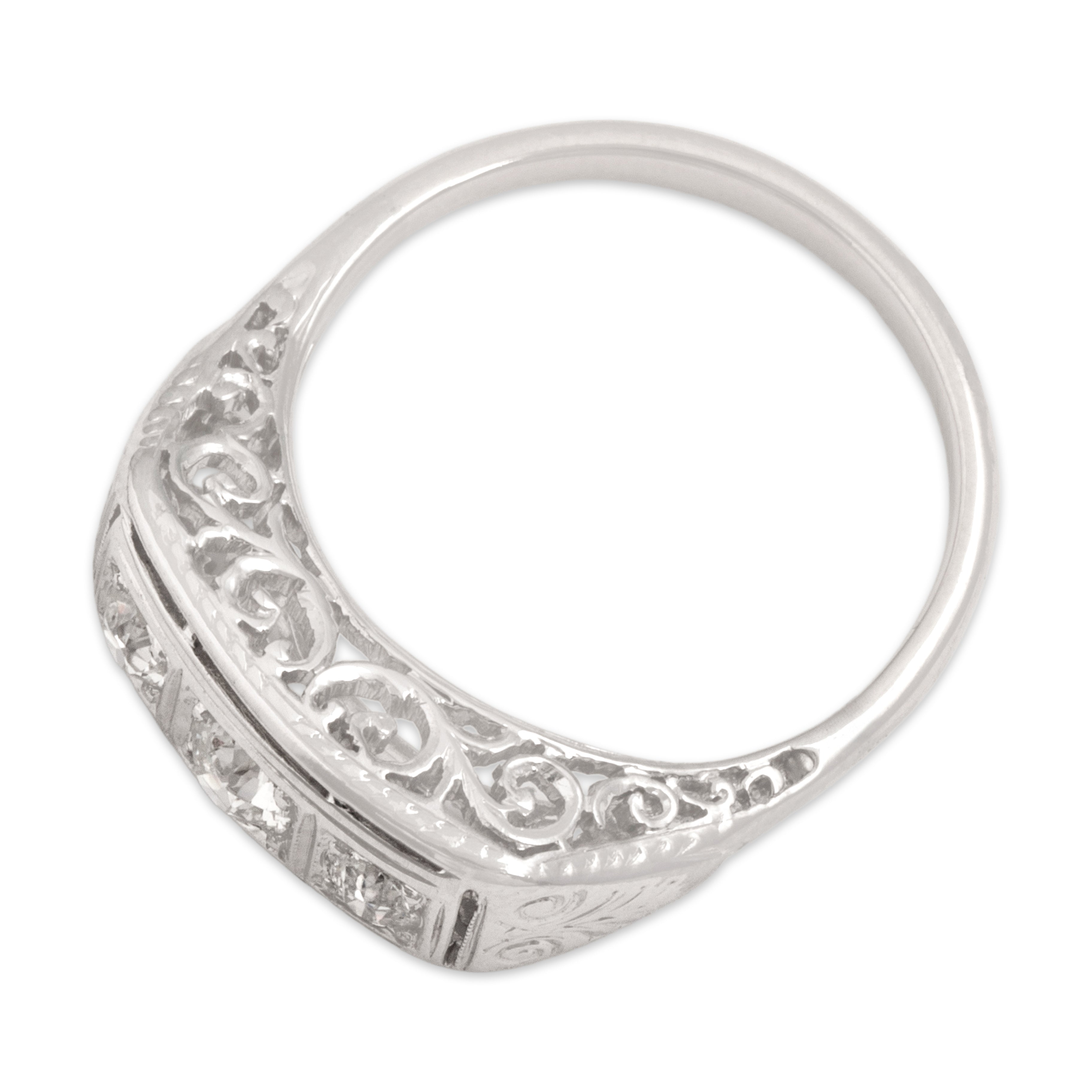 Antique Art Deco 14k White Gold Old European Old Mine Cut Diamond Beautiful Open Swirling Bar Trio Ring - Overall view