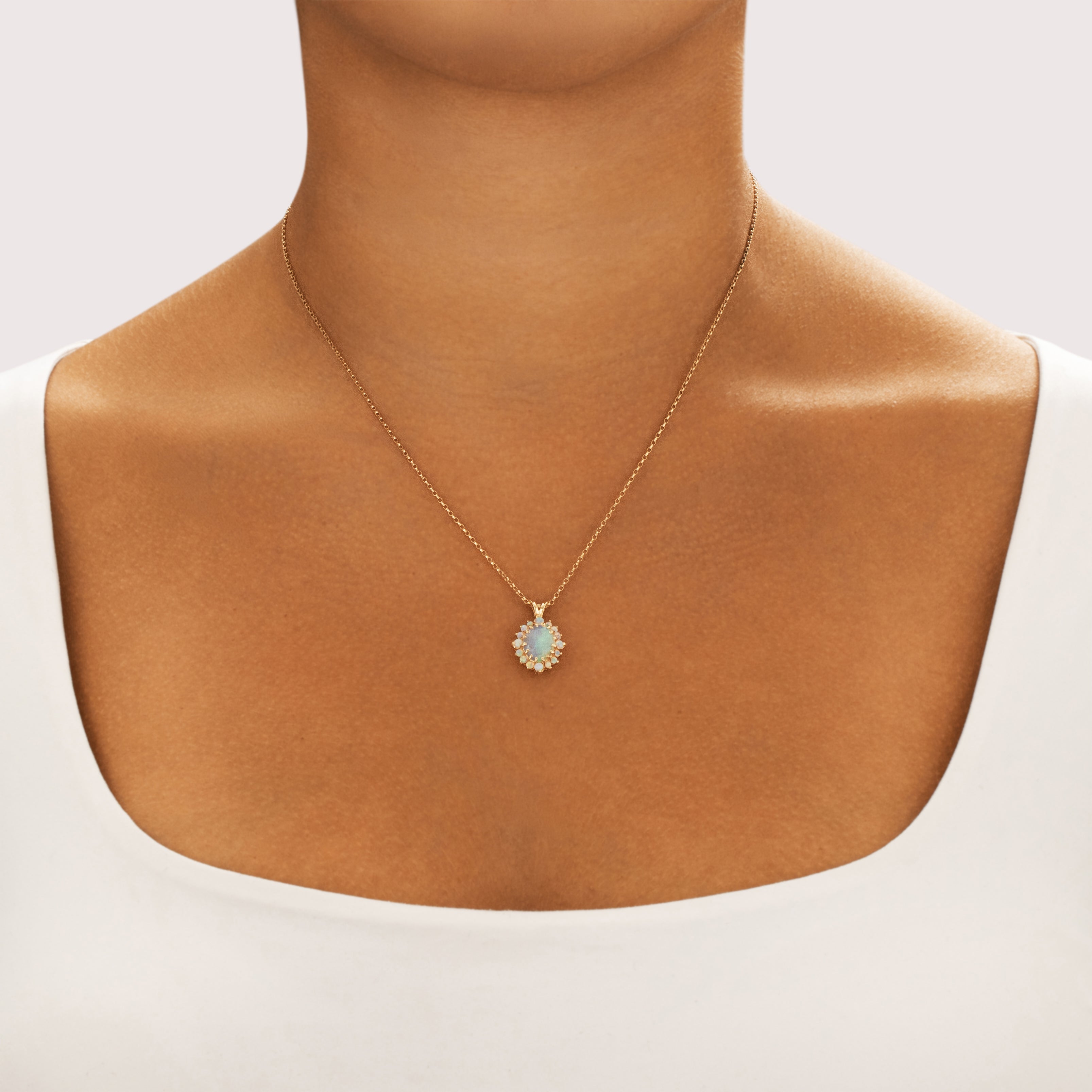 Vintage 14k Yellow Gold 1.2cttw Opal Mesmerizing Iridescent Halo Pendant - On model view