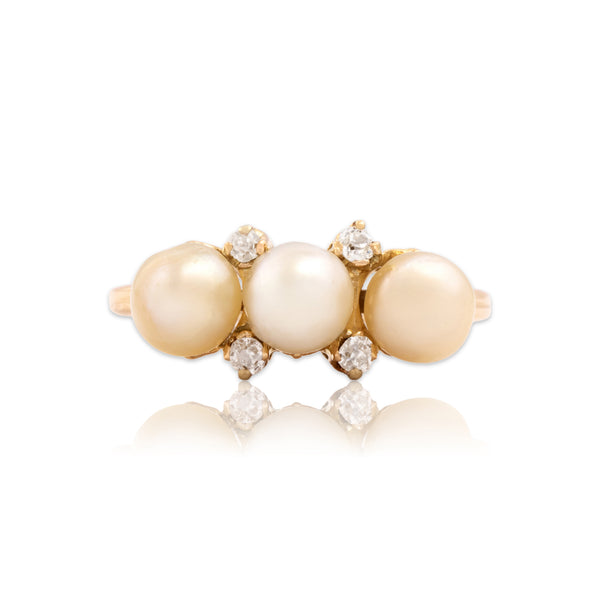 Antique 18k Yellow Gold Old Mine Cut Diamond Pearl Luminous Line Ring 6.50