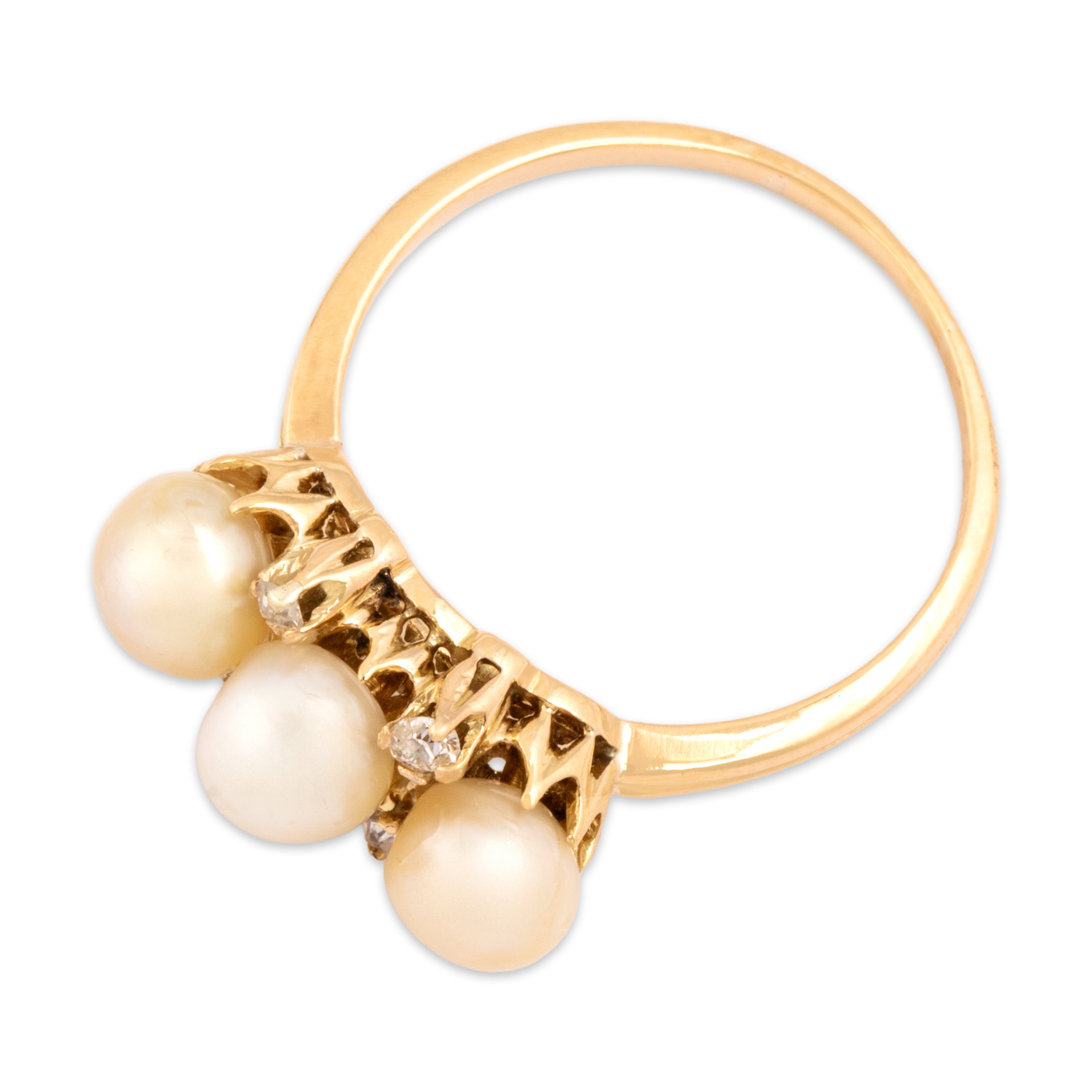 Antique 18k Yellow Gold Old Mine Cut Diamond Pearl Luminous Line Ring - Overall view