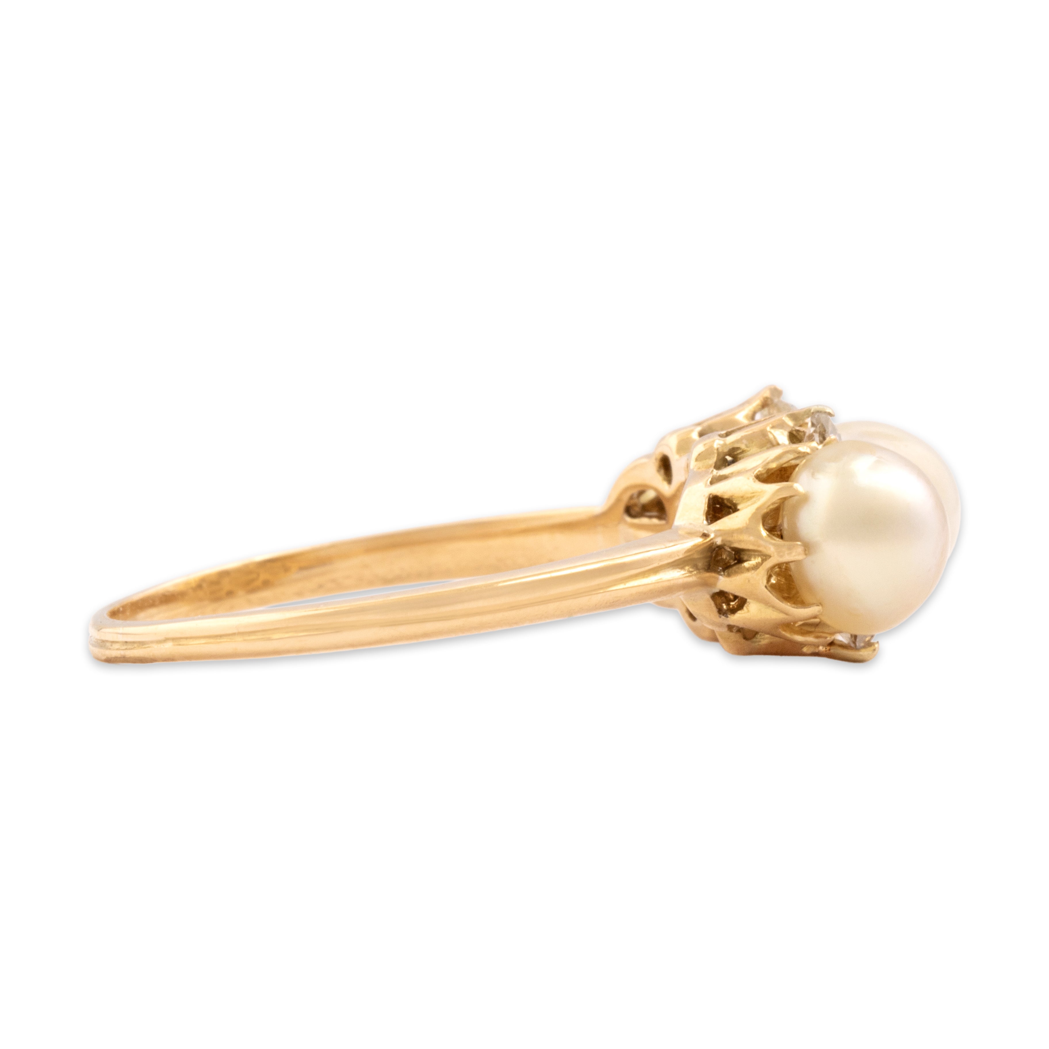 Antique 18k Yellow Gold Old Mine Cut Diamond Pearl Luminous Line Ring - Side view