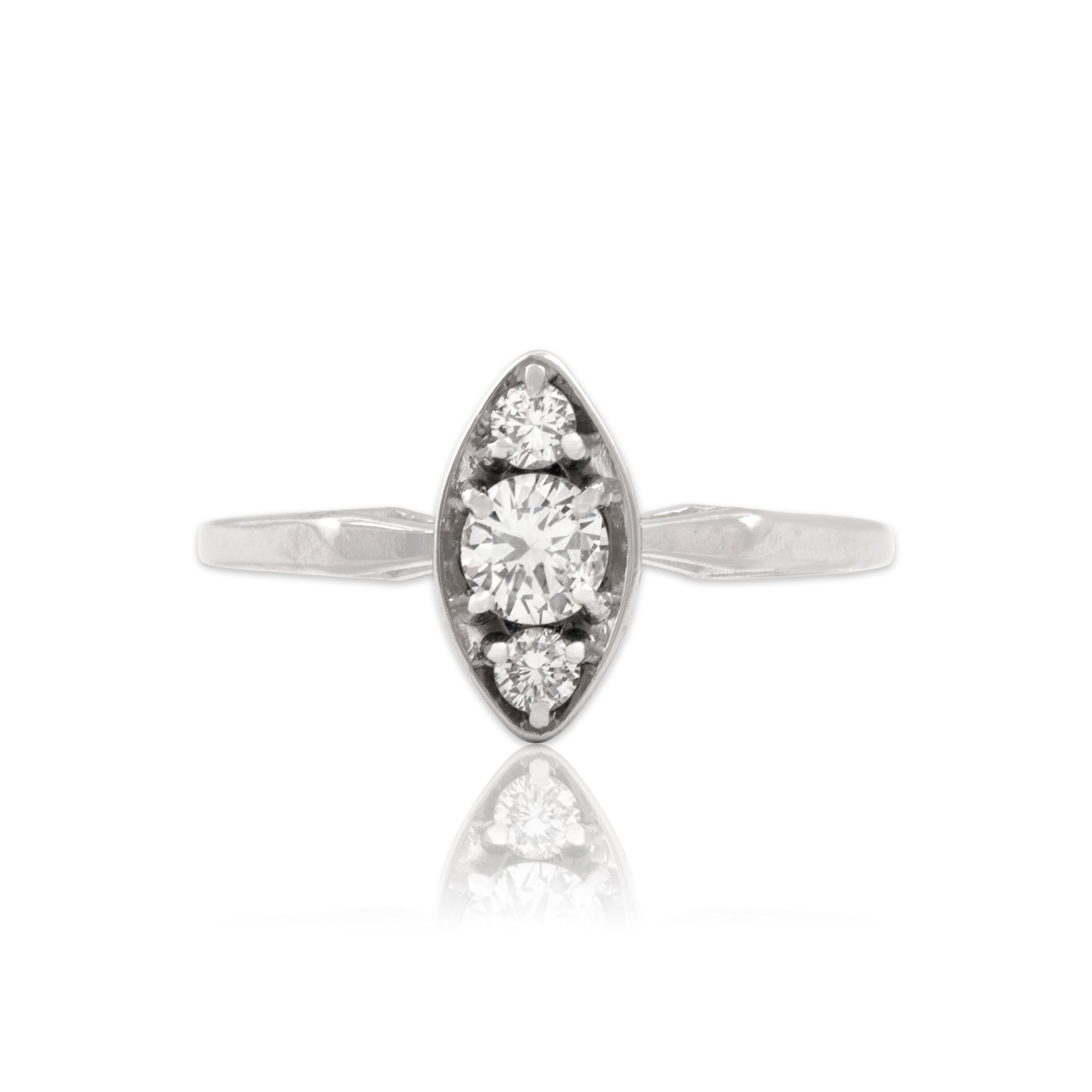 Vintage 14k White Gold Diamond Chic Navette Trio Ring - Close-up view