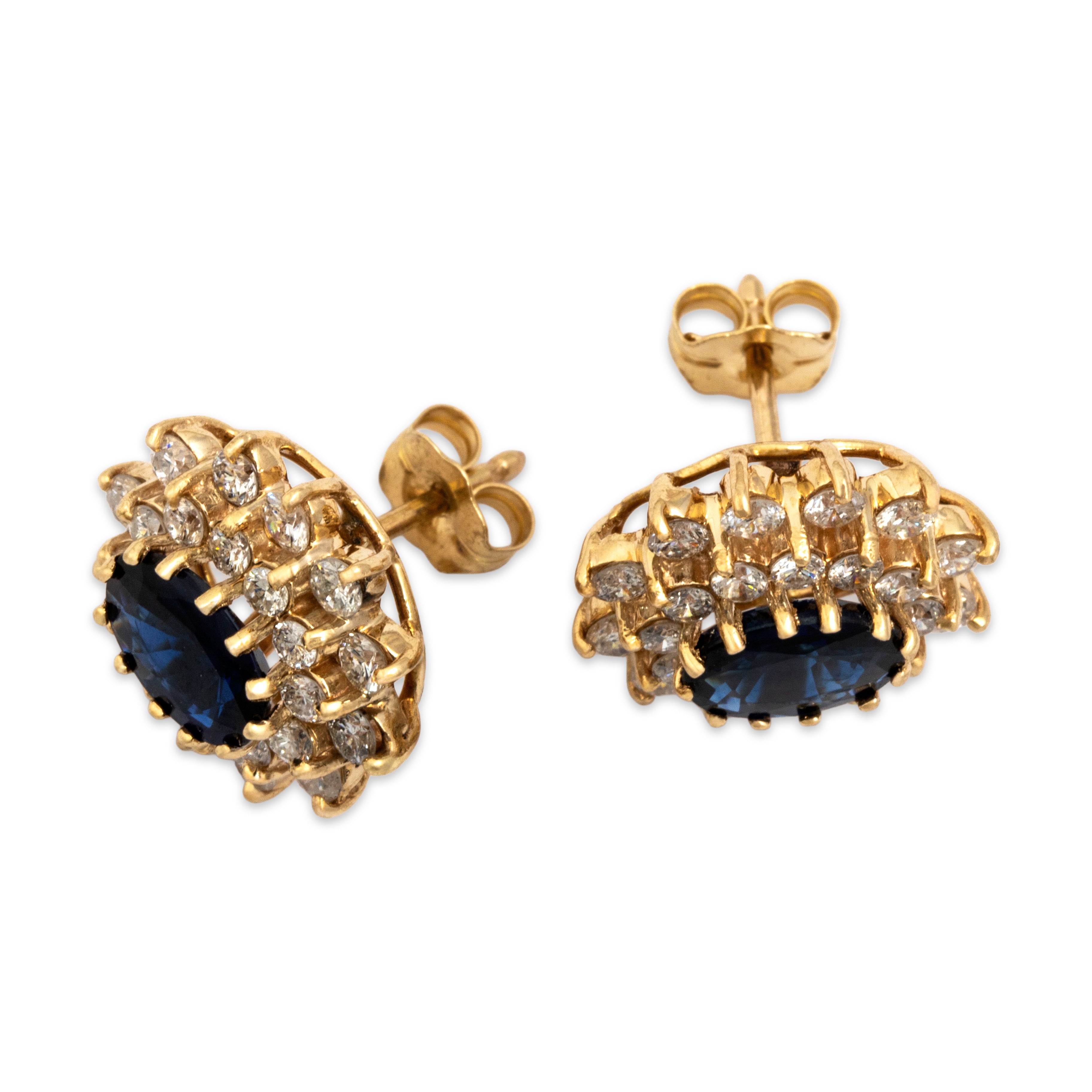 Vintage 14k Yellow Gold 1.3cttw Blue Sapphire .95cttw Diamond Dazzling Double Oval Halo Stud Earrings - Overall view