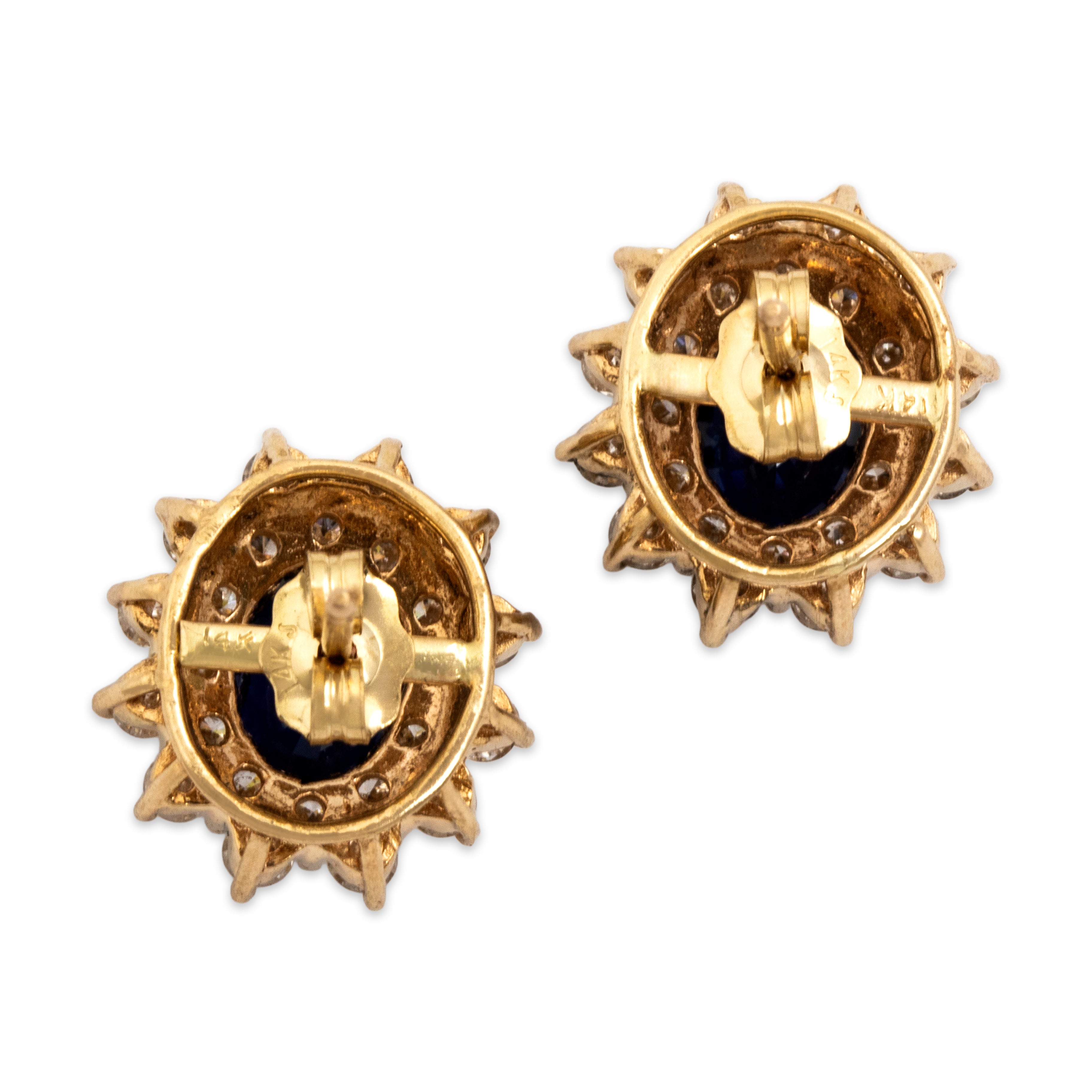 Vintage 14k Yellow Gold 1.3cttw Blue Sapphire .95cttw Diamond Dazzling Double Oval Halo Stud Earrings - Back view