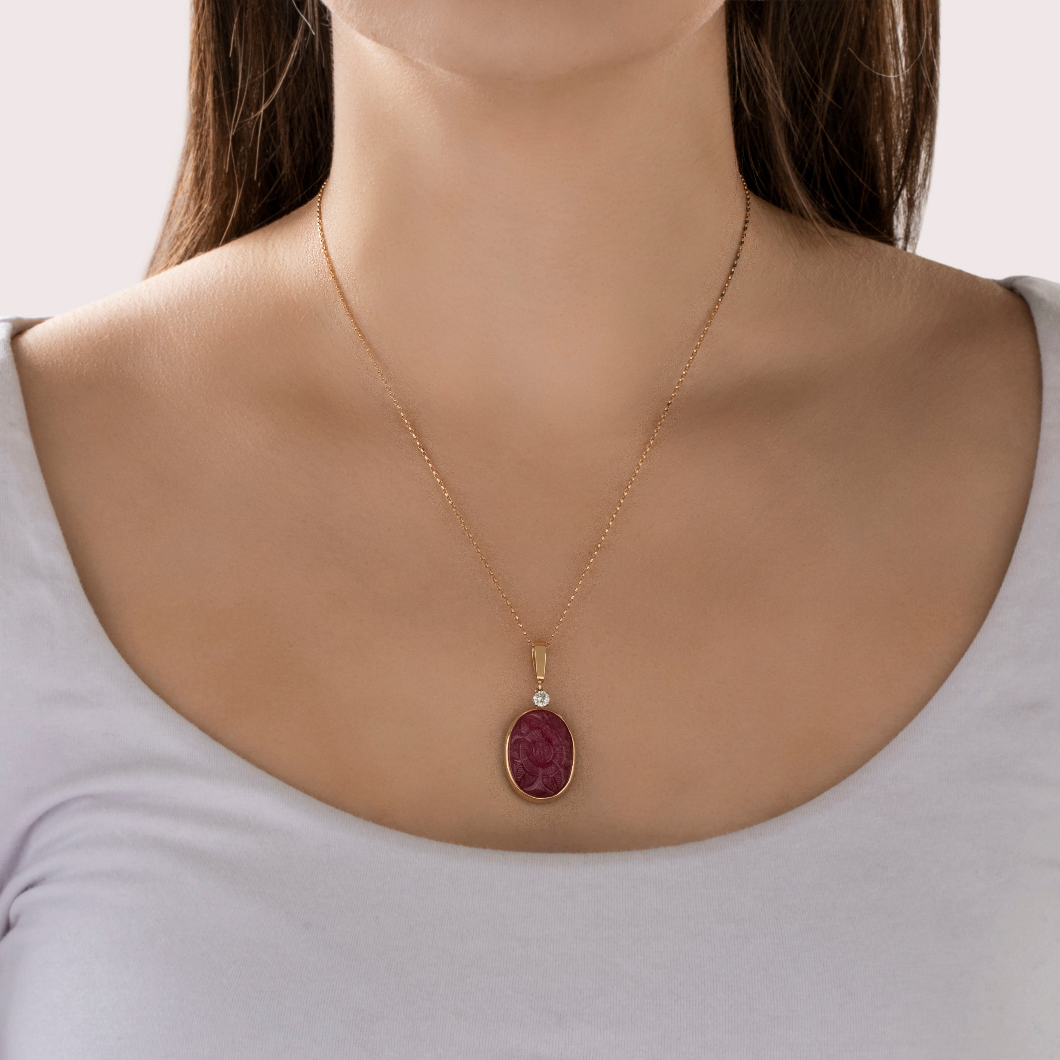 Vintage 14k Yellow Gold Pink Tourmaline Diamond Carved Pendant - On model view