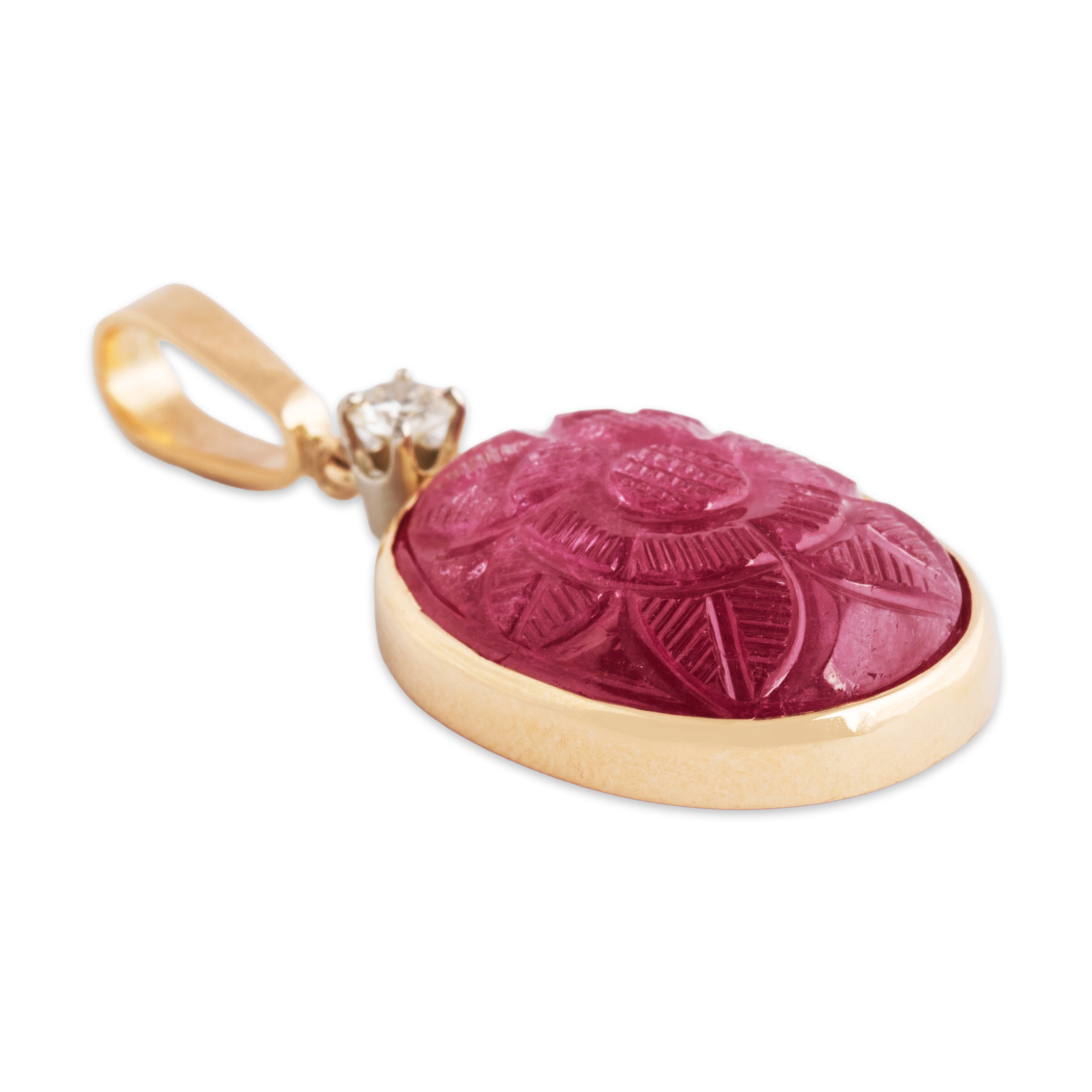 Vintage 14k Yellow Gold Pink Tourmaline Diamond Carved Pendant - Side view