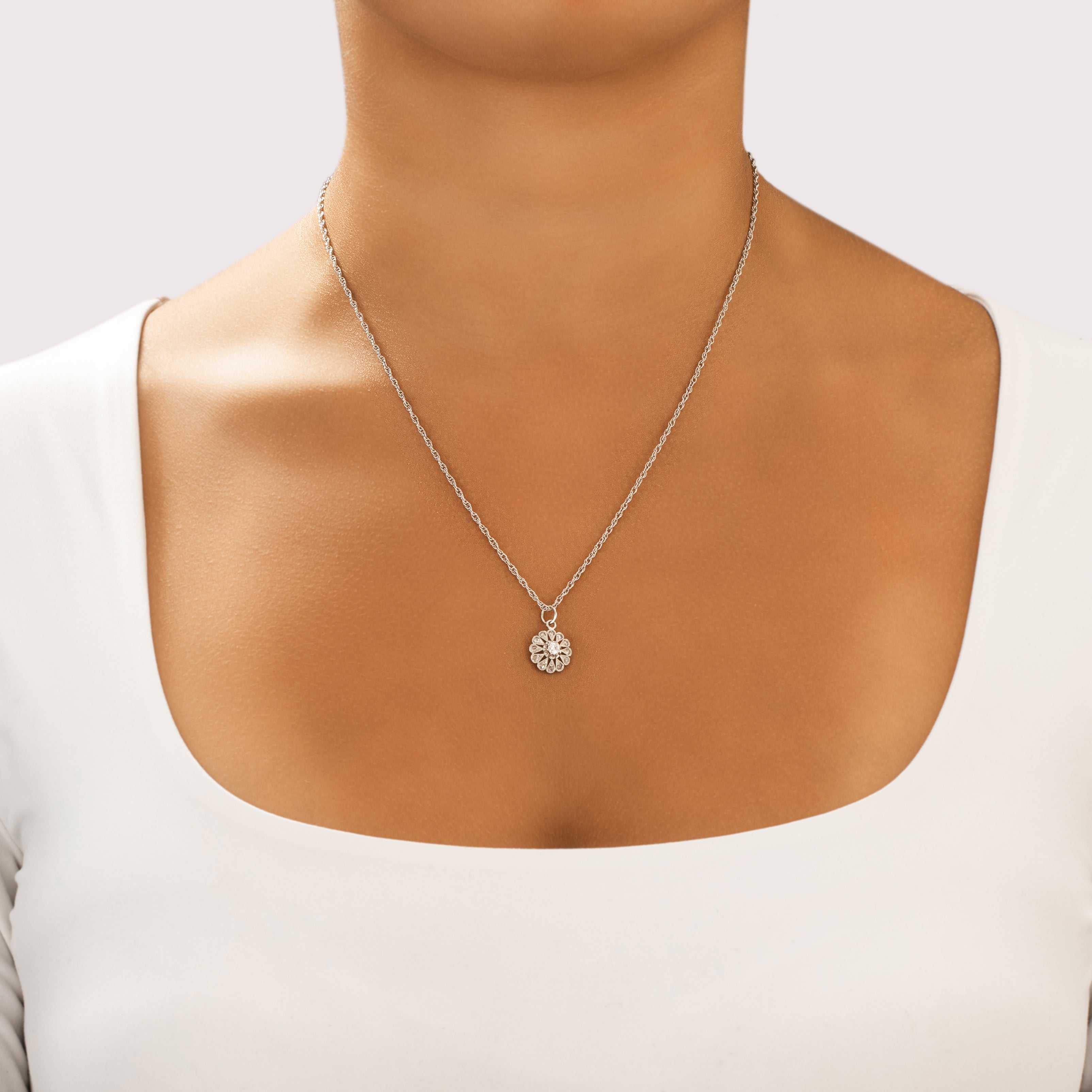 Antique Art Deco 14k White Gold Old European Cut Diamond Rose Cut Diamond Dainty Floriform Burst Pendant - On model view