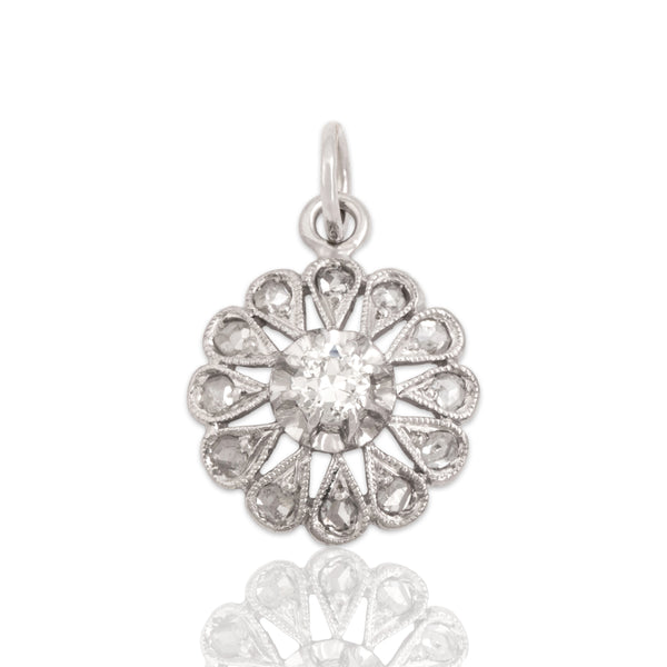 Antique Art Deco 14k White Gold Old European Cut Diamond Rose Cut Diamond Pendant