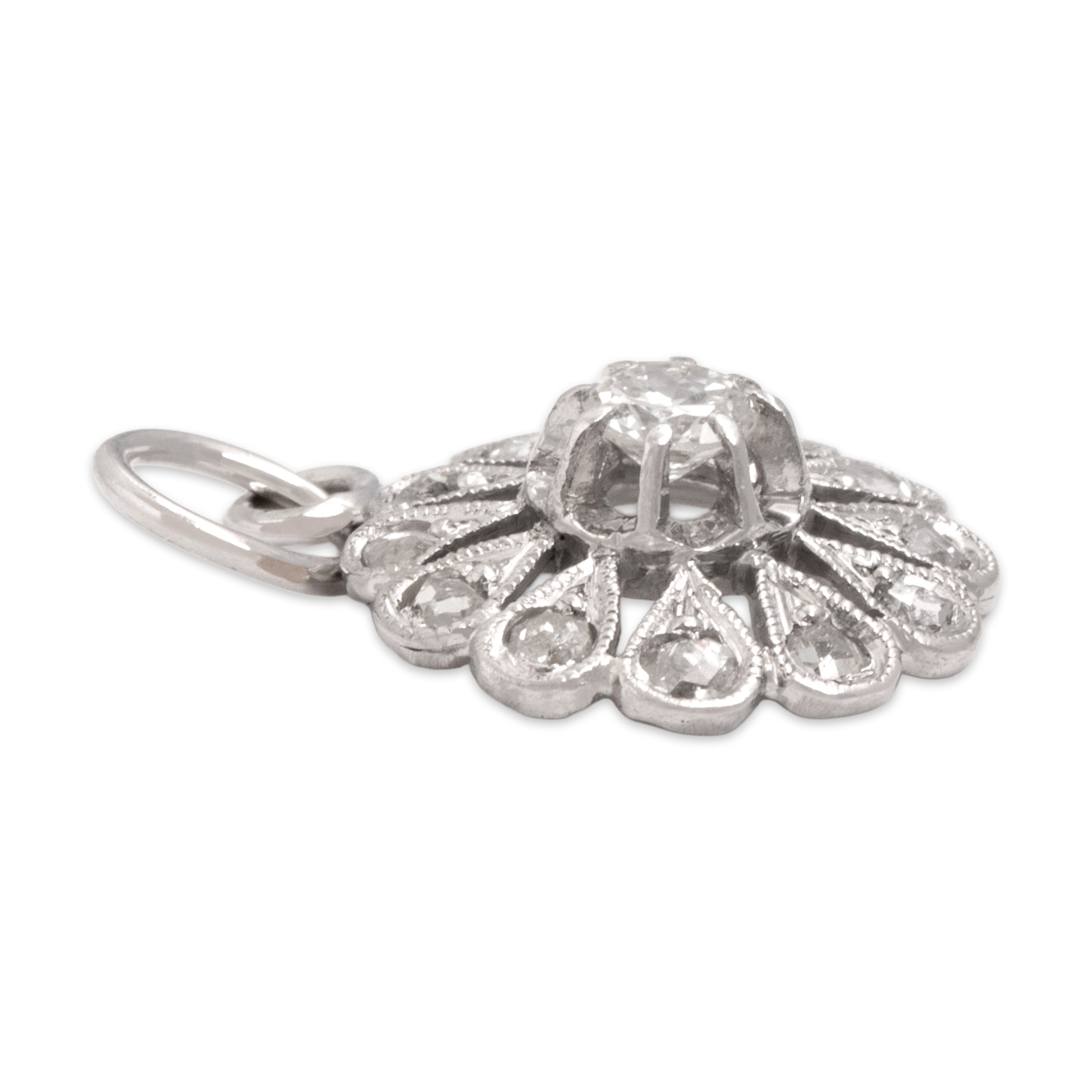 Antique Art Deco 14k White Gold Old European Cut Diamond Rose Cut Diamond Dainty Floriform Burst Pendant - Side view