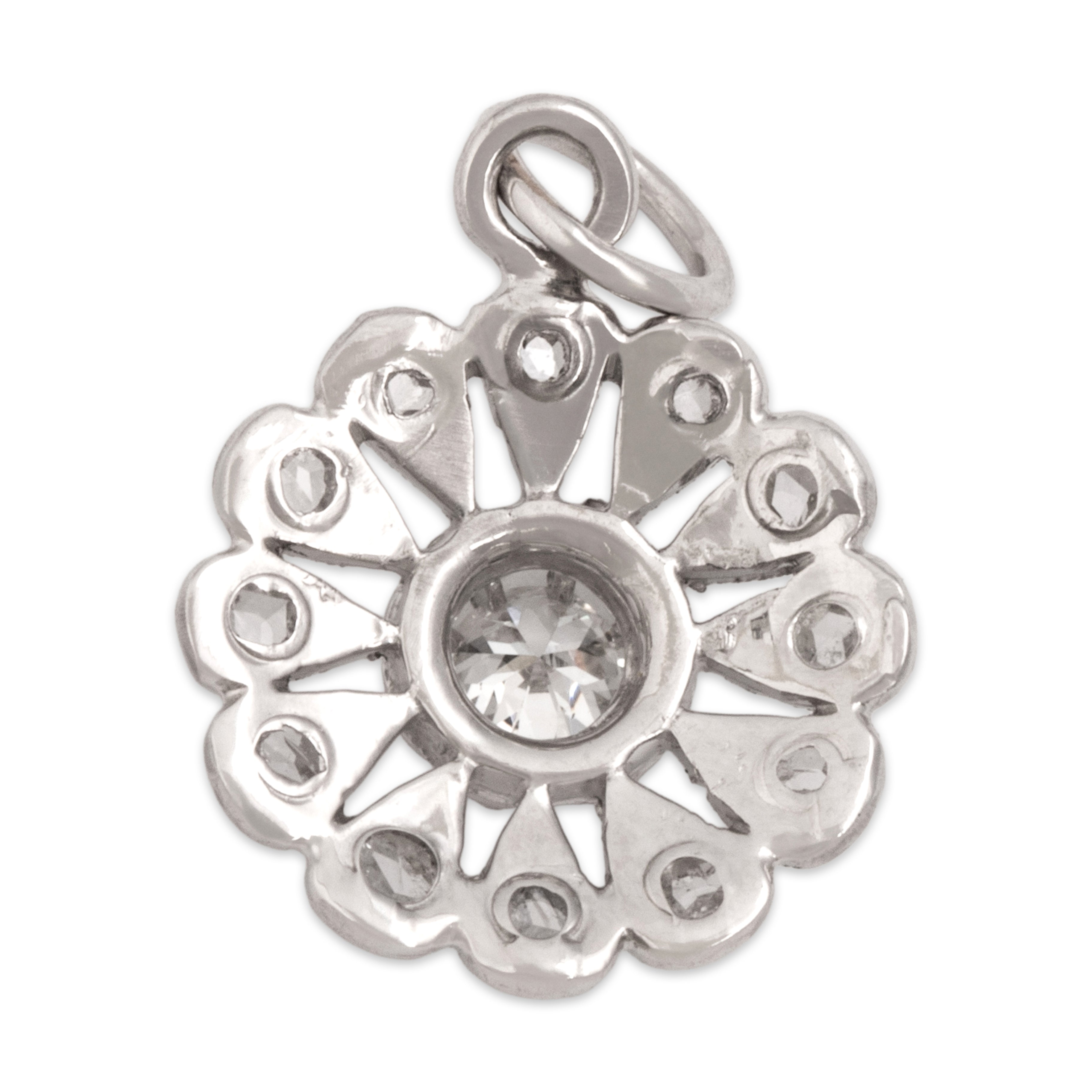 Antique Art Deco 14k White Gold Old European Cut Diamond Rose Cut Diamond Dainty Floriform Burst Pendant - Back view