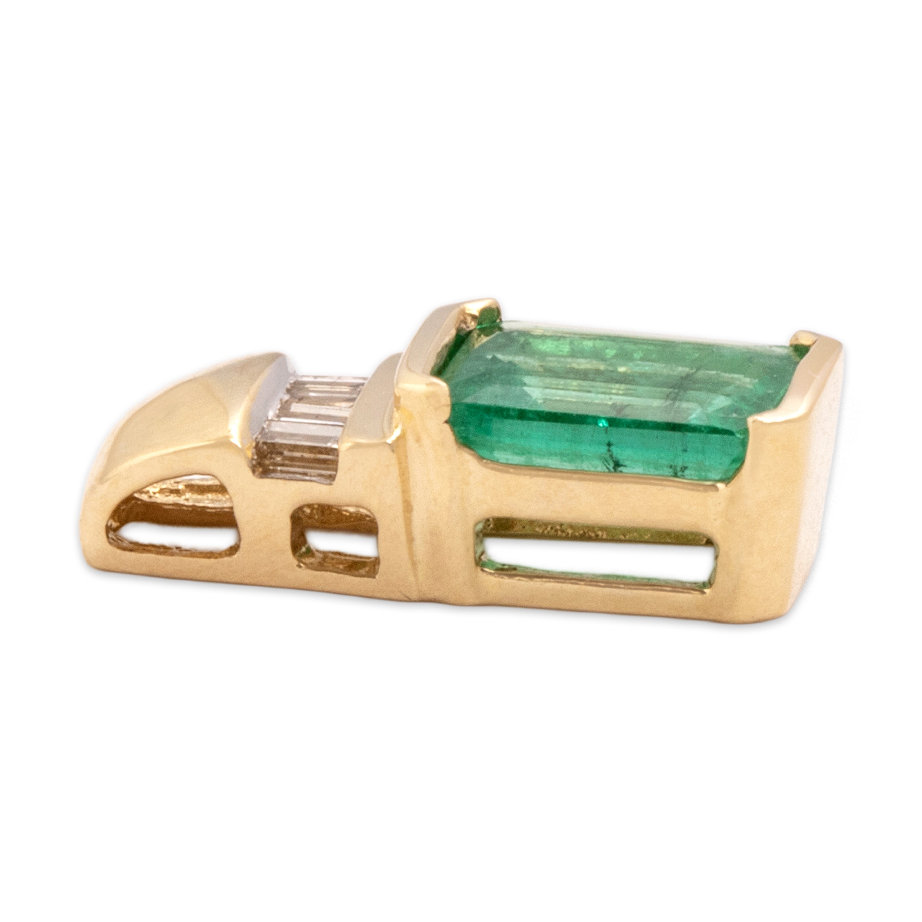 Vintage 14k Yellow Gold .86ct Emerald Diamond Elegant Baguette Accented Pendant - Side view
