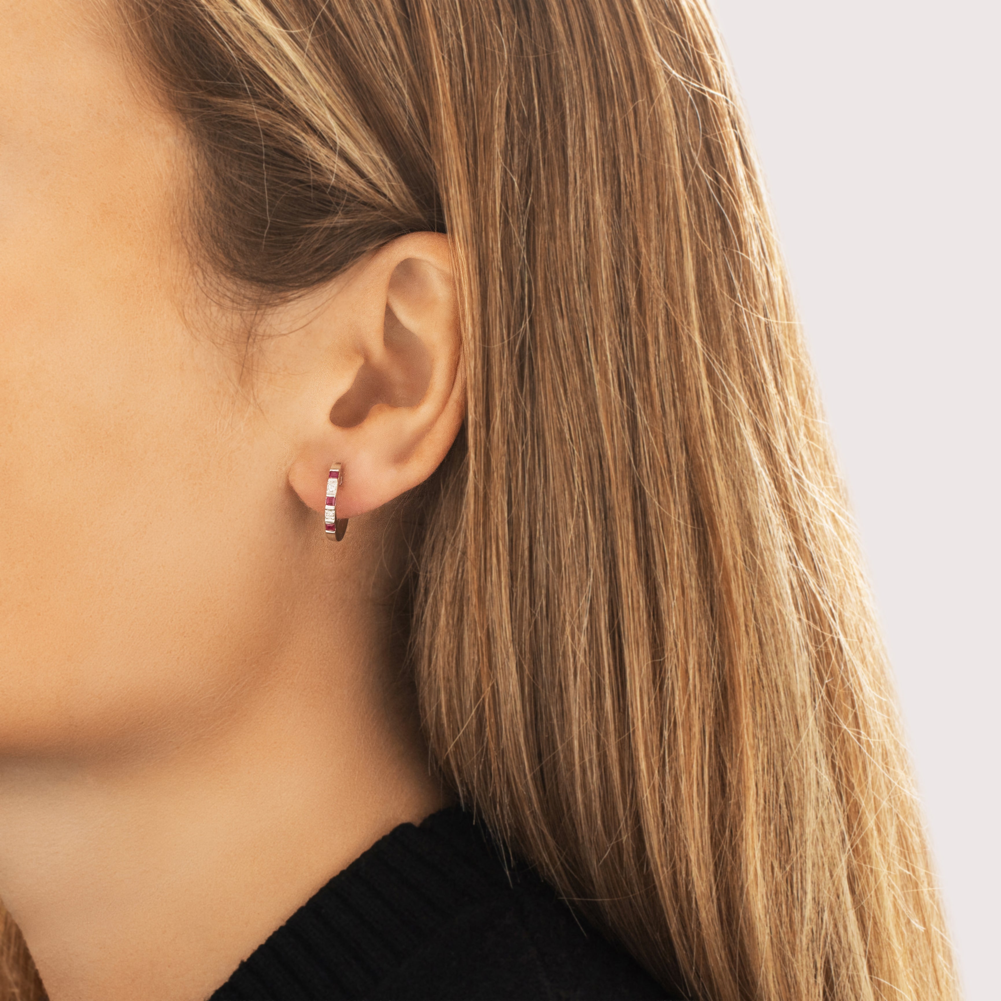 Vintage 18k White Gold Ruby Diamond Chic Bright Alternating Line Hoop Earrings - On model view
