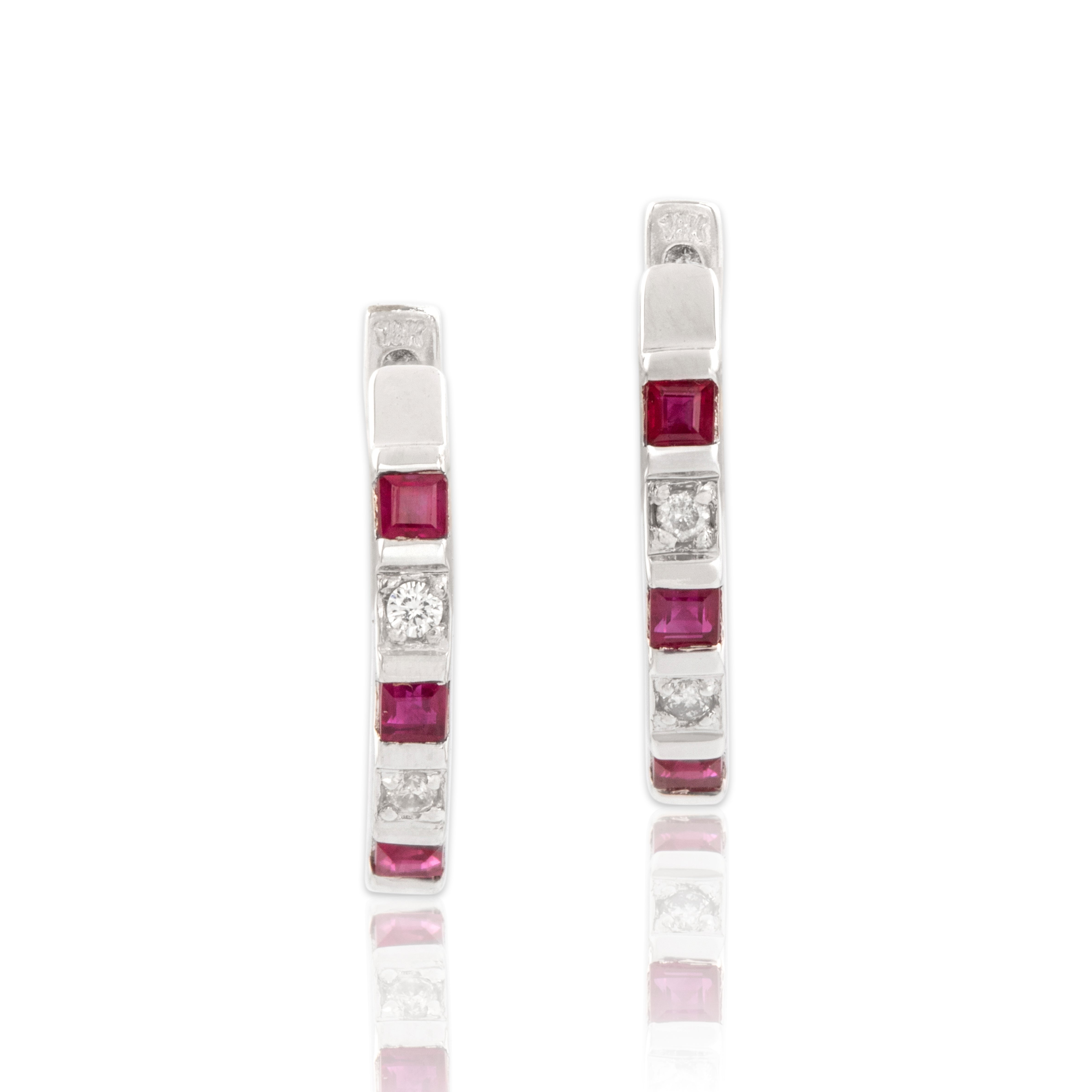 Vintage 18k White Gold Ruby Diamond Chic Bright Alternating Line Hoop Earrings - Close-up view