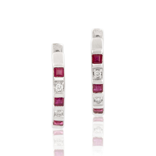 Vintage 18k White Gold Ruby Diamond Chic Bright Alternating Line Hoop Earrings