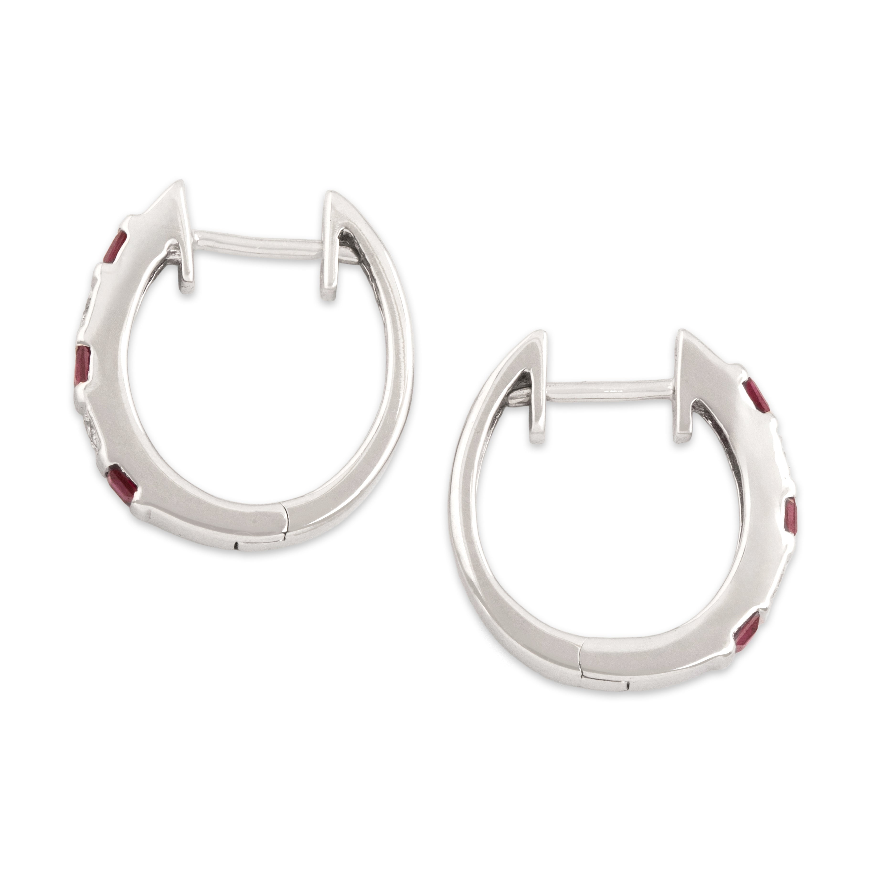 Vintage 18k White Gold Ruby Diamond Chic Bright Alternating Line Hoop Earrings - Side view