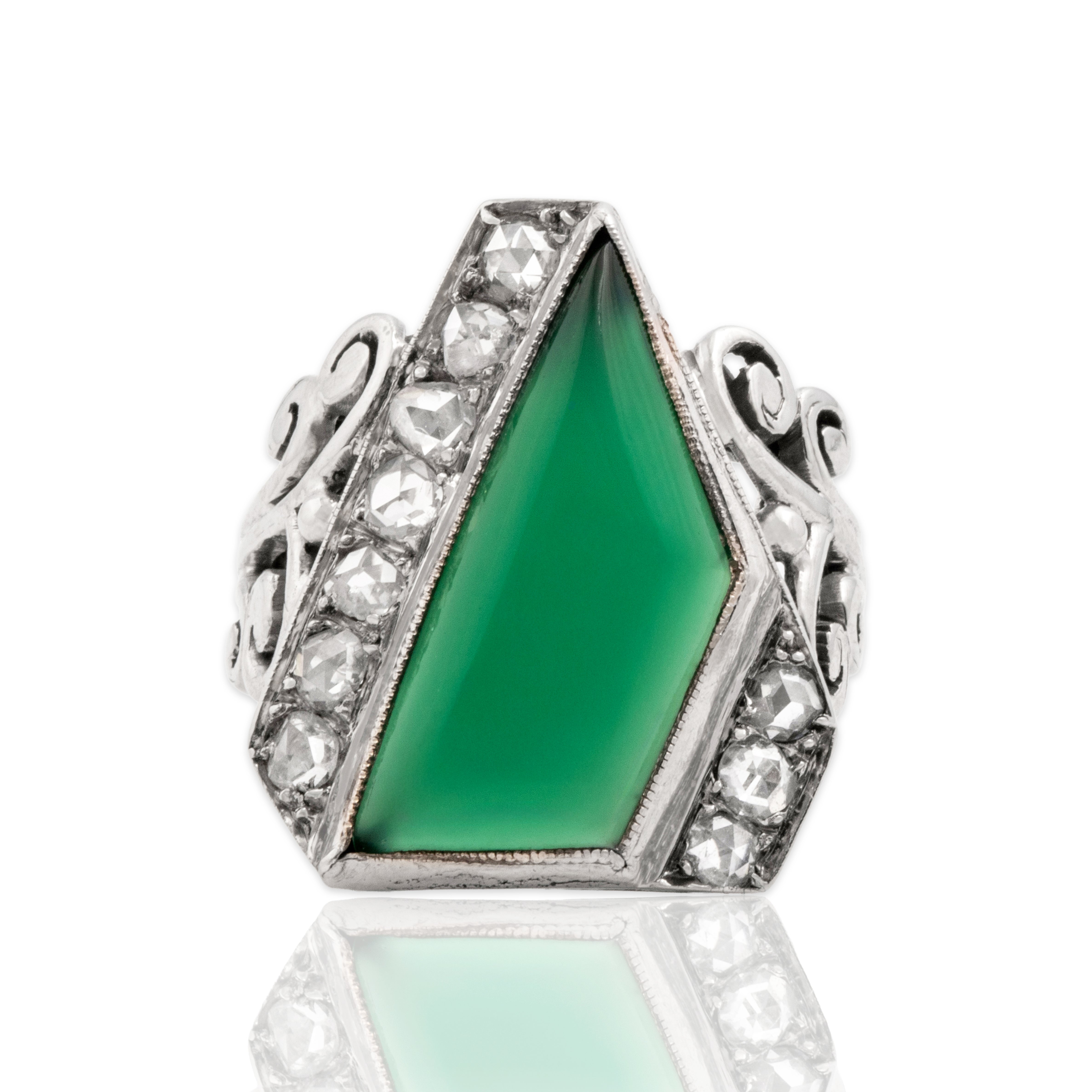 Antique 14k White Gold 3.39ct Green Chalcedony Rose Cut Diamond Angular Ring 2.50