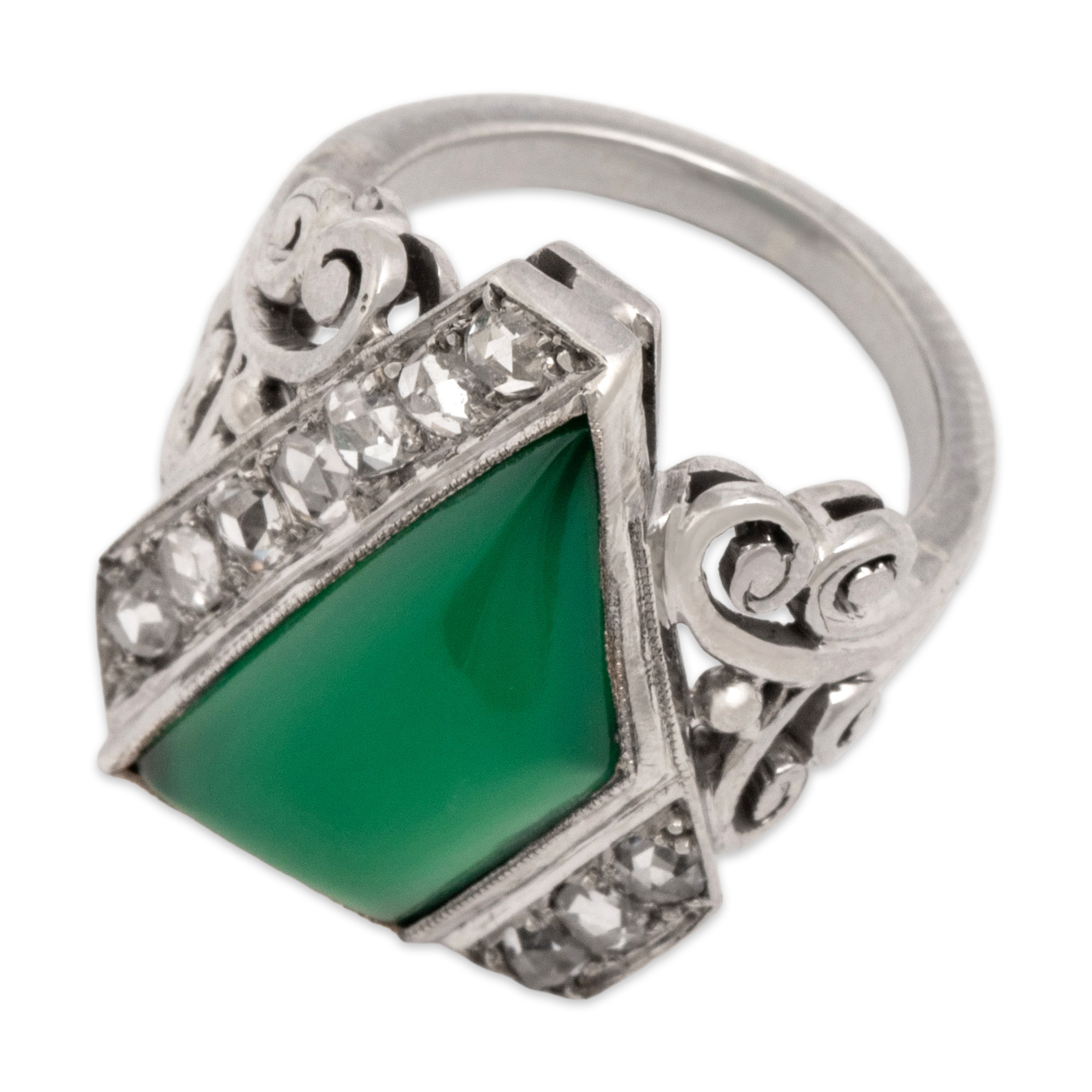 Antique 14k White Gold 3.39ct Green Chalcedony Rose Cut Diamond Angular Artistic Scroll Ring - Overall view