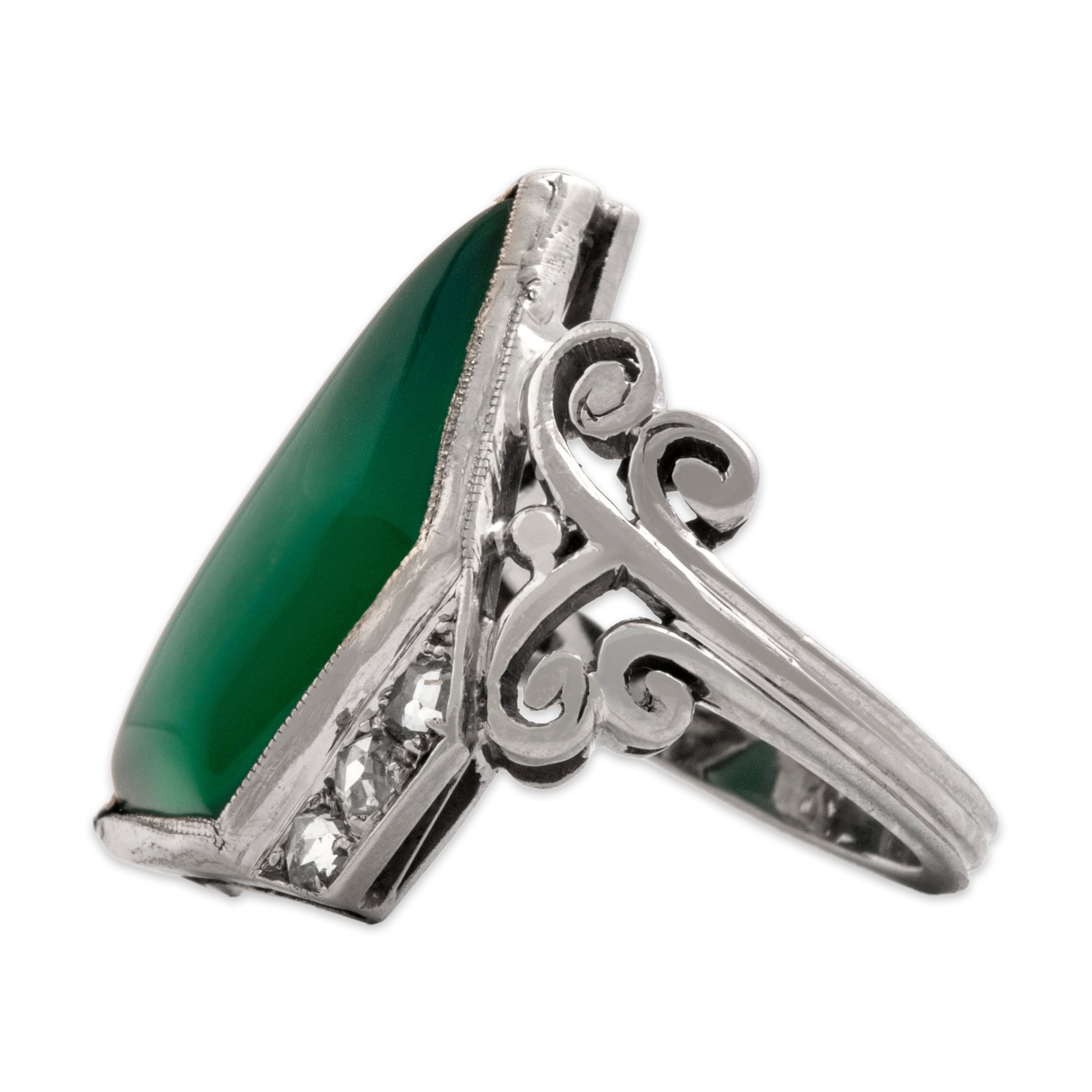 Antique 14k White Gold 3.39ct Green Chalcedony Rose Cut Diamond Angular Artistic Scroll Ring - Side view